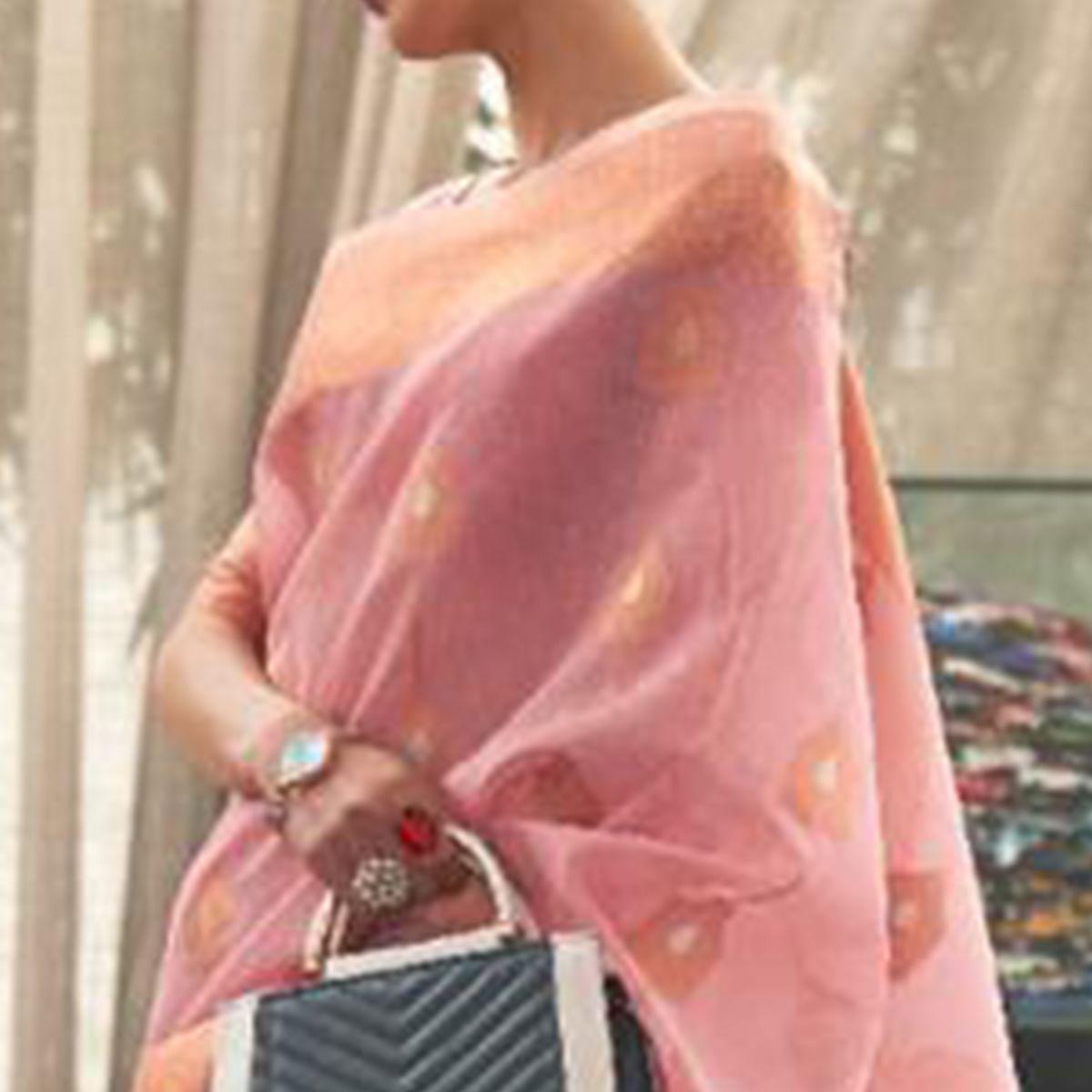 Pink Festive Wear Woven Linen Saree - Peachmode