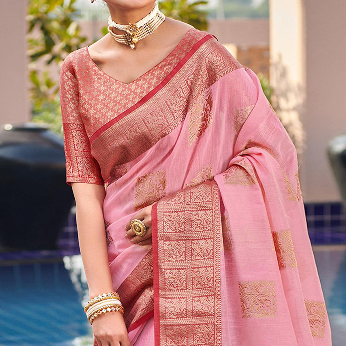Pink Festive Wear Woven Linen Saree - Peachmode