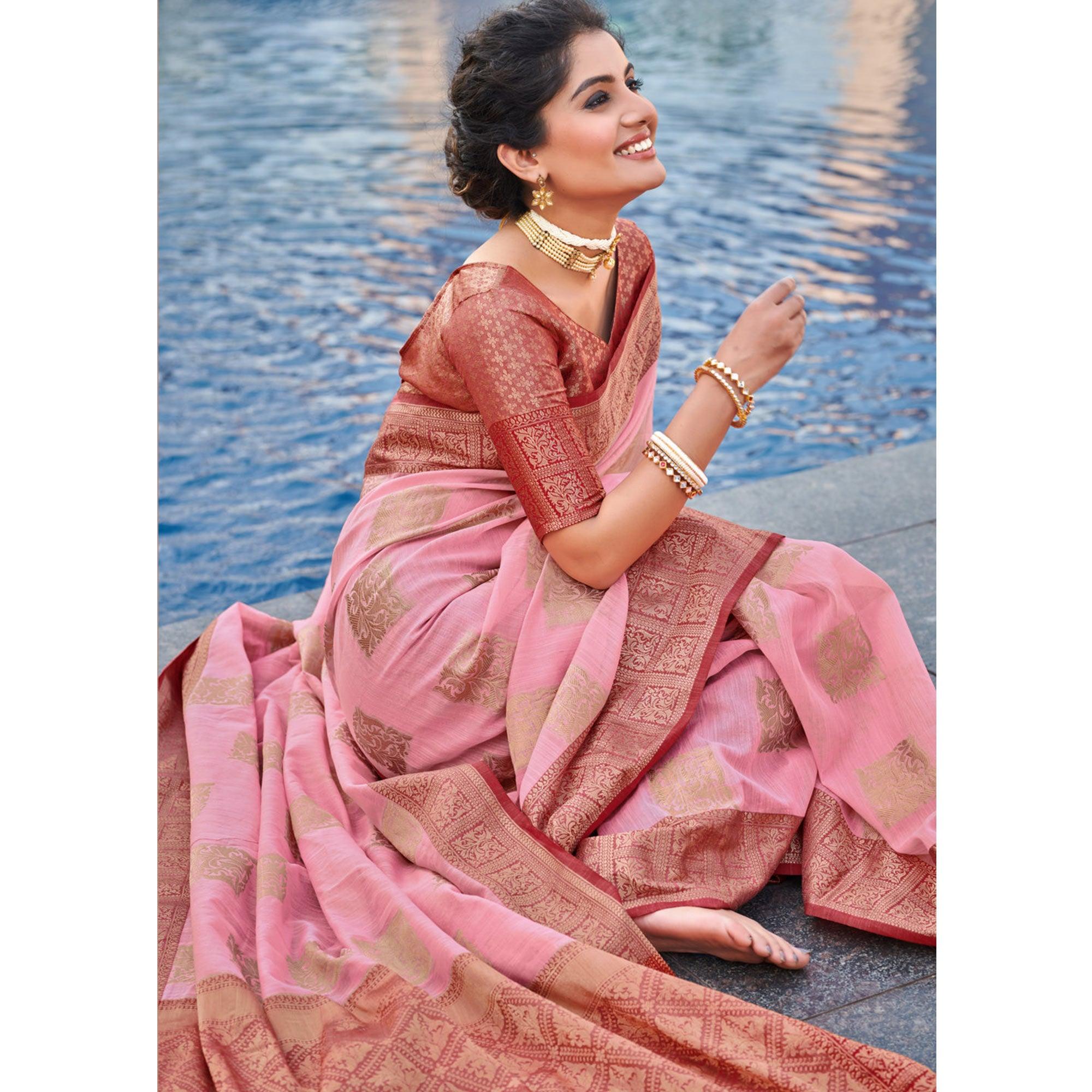 Pink Festive Wear Woven Linen Saree - Peachmode