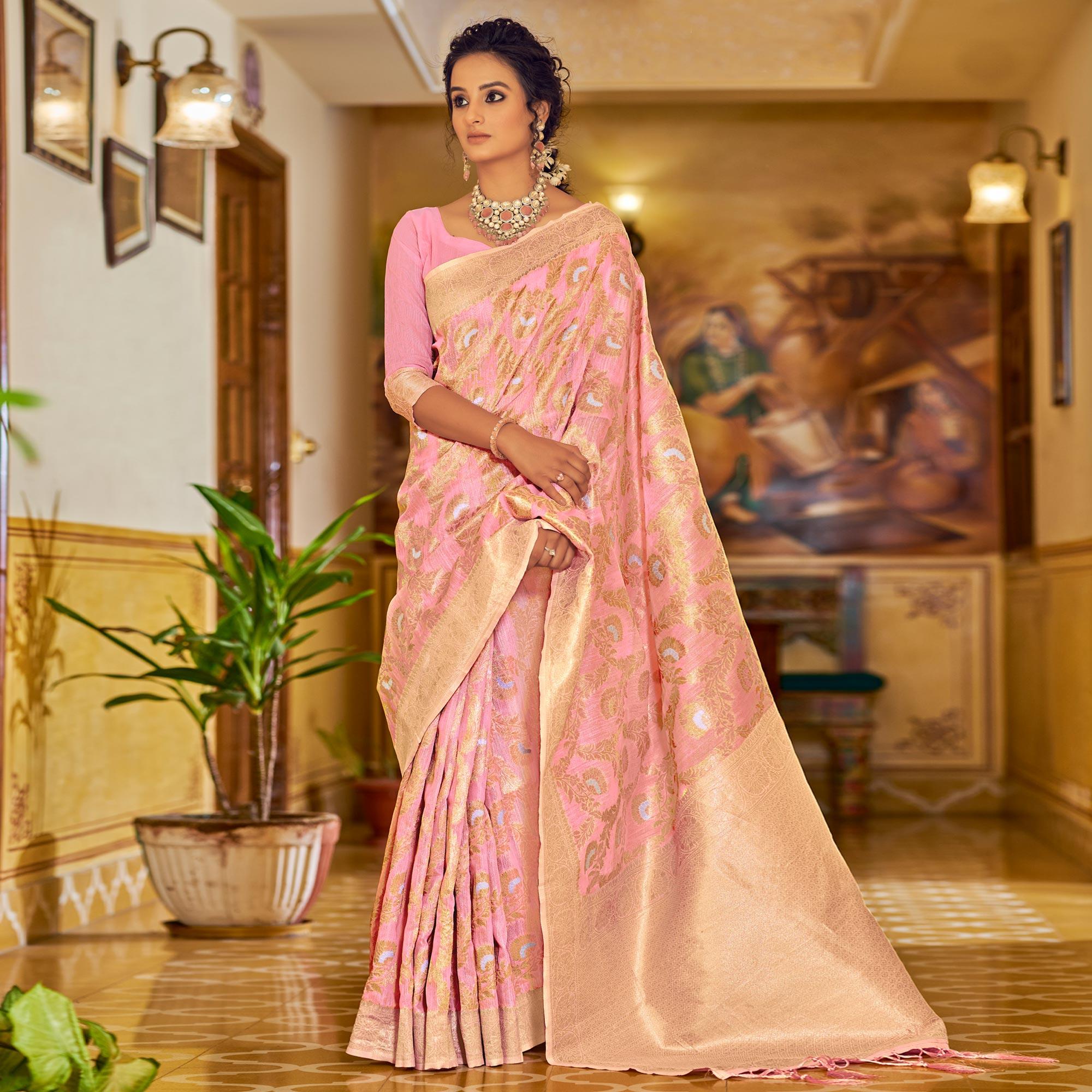 Pink Festive Wear Woven Linen Saree - Peachmode