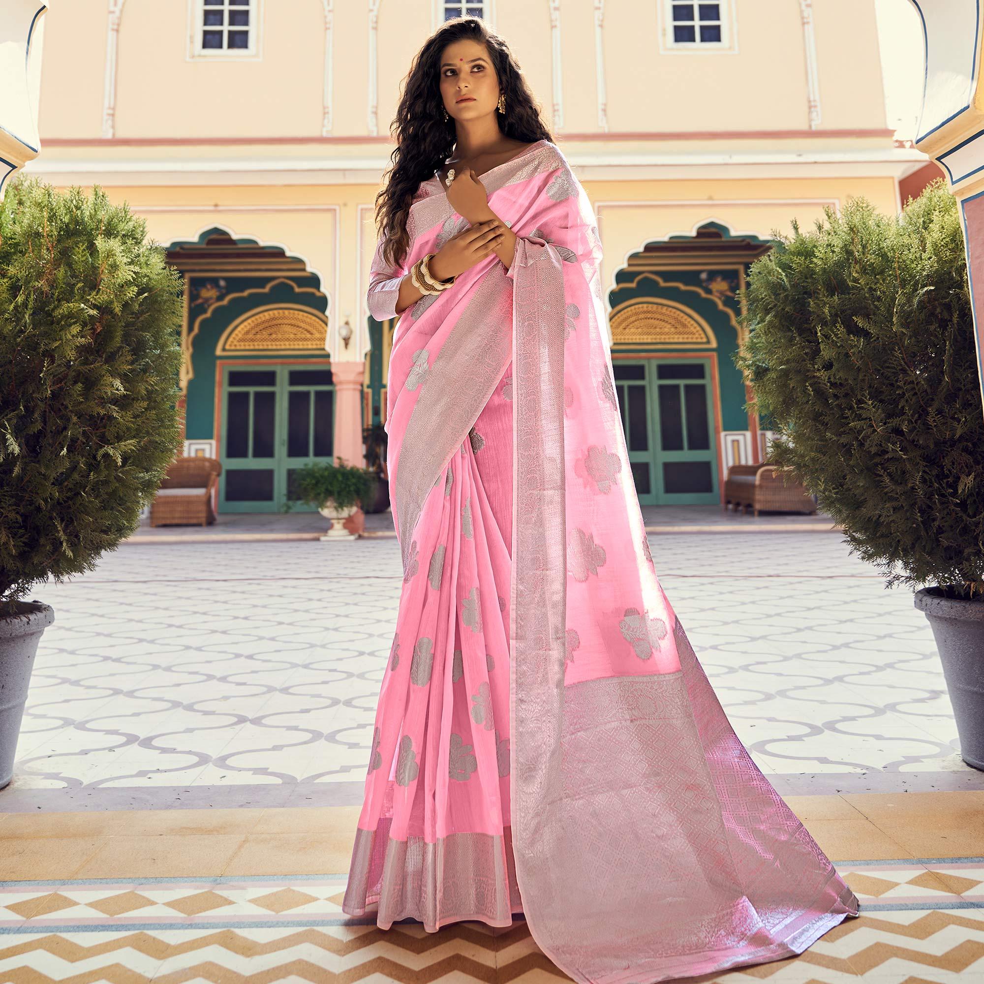 Pink Festive Wear Woven Linen Saree - Peachmode