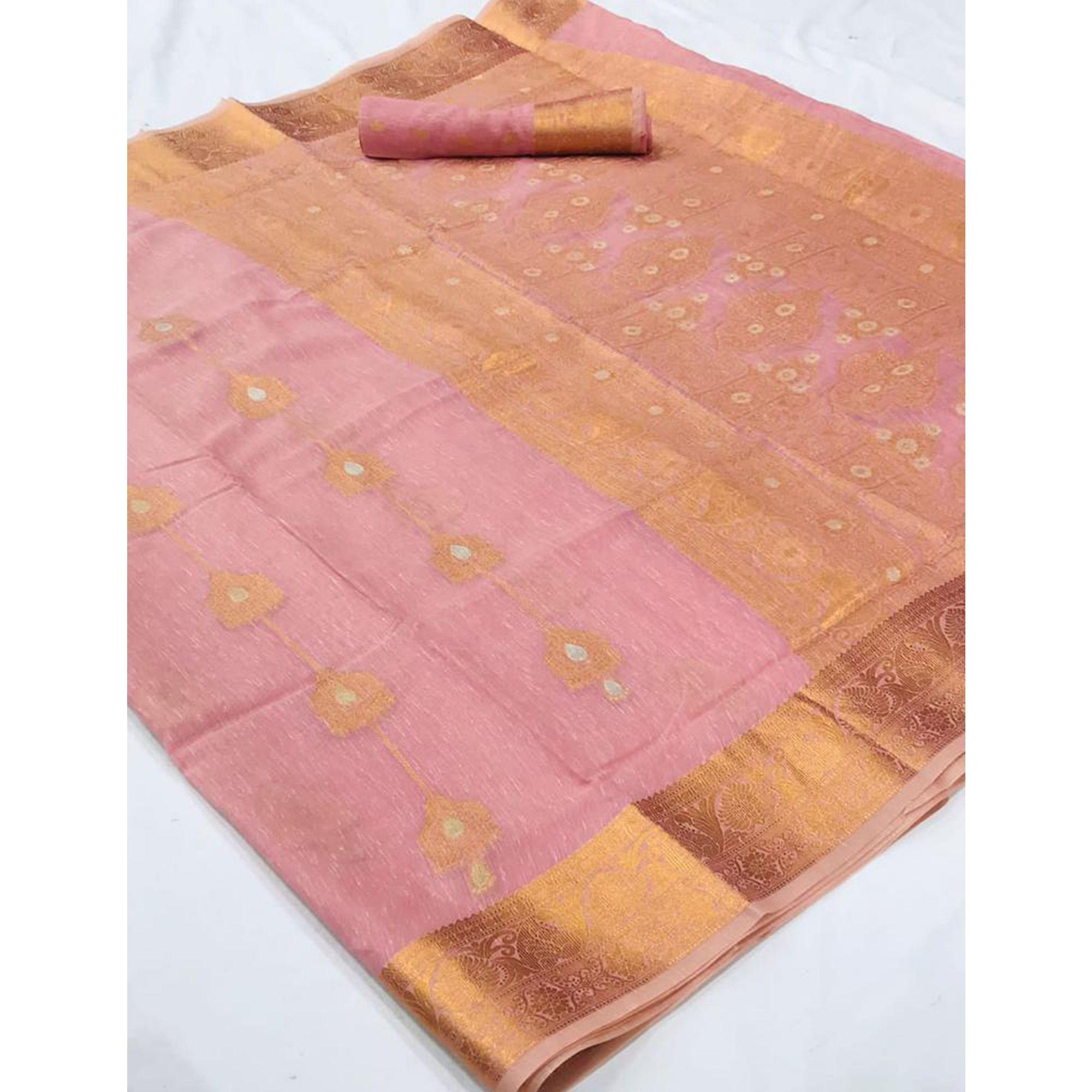 Pink Festive Wear Woven Linen Saree - Peachmode