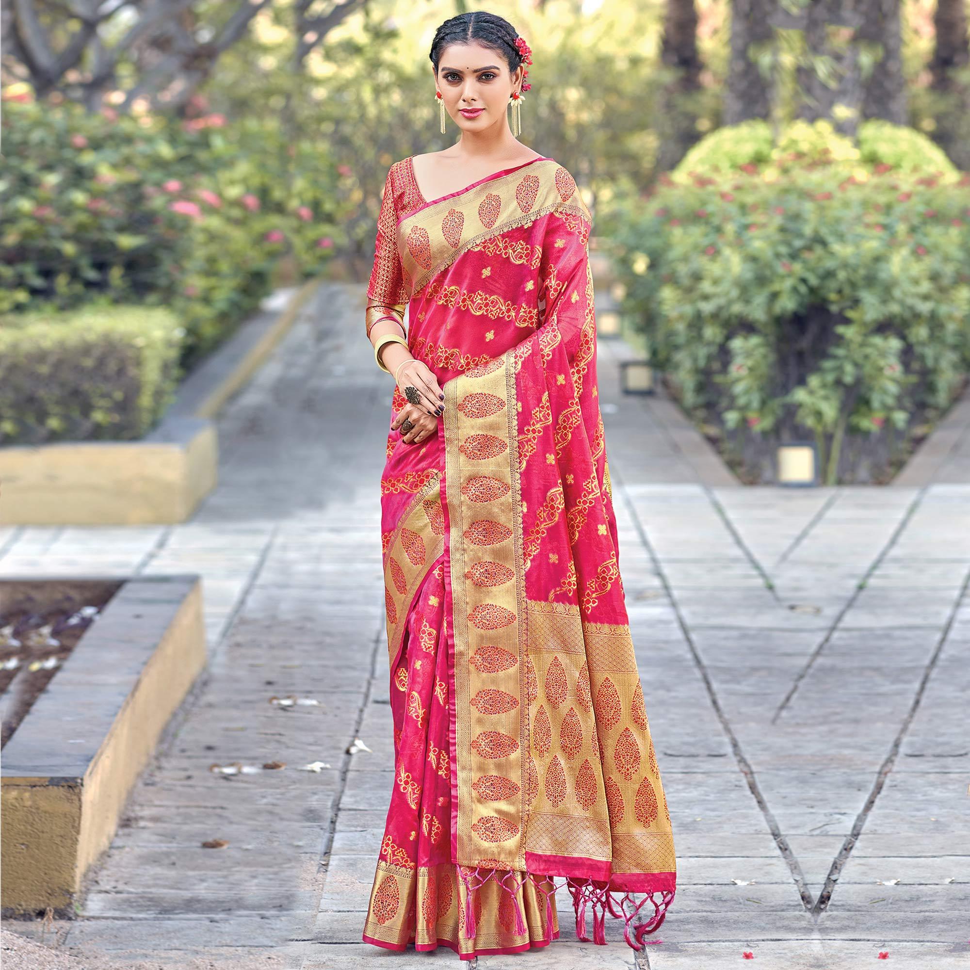 Pink Festive Wear Woven Organza Saree - Peachmode