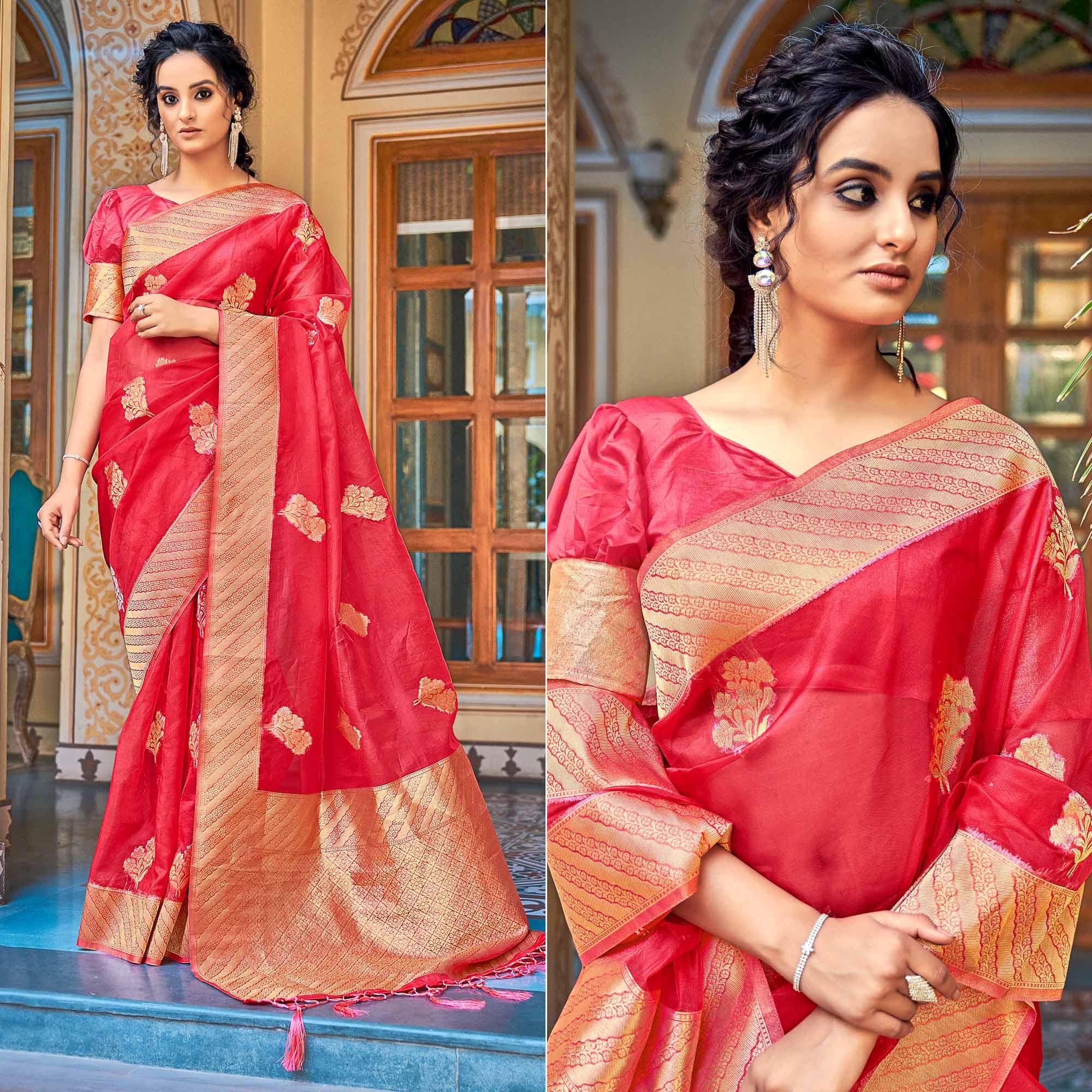 Pink Festive Wear Woven Organza Saree - Peachmode