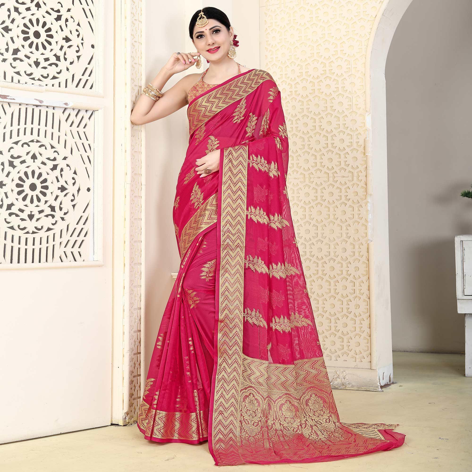 Pink Festive Wear Woven Organza Saree - Peachmode