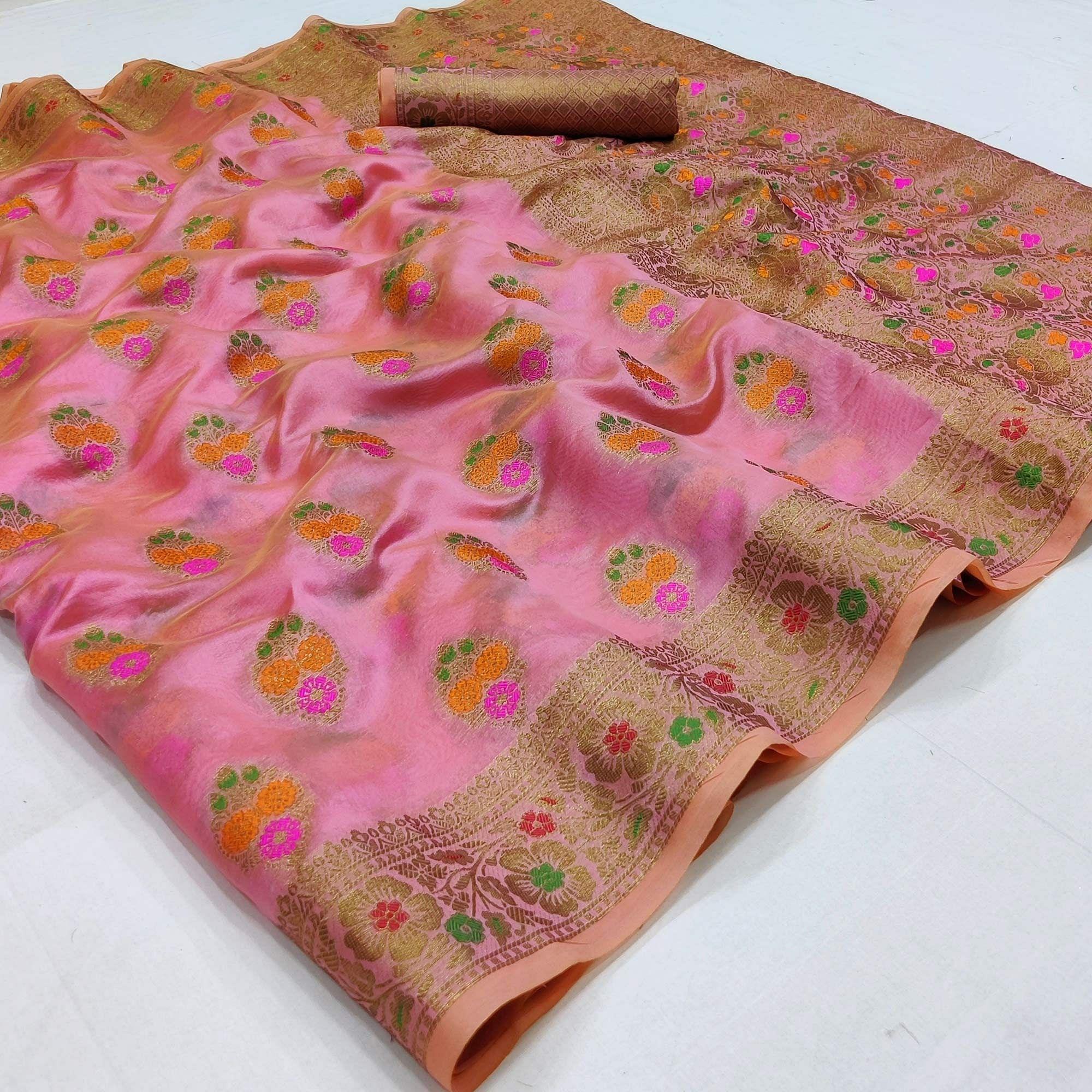 Pink Festive Wear Woven Organza Saree - Peachmode