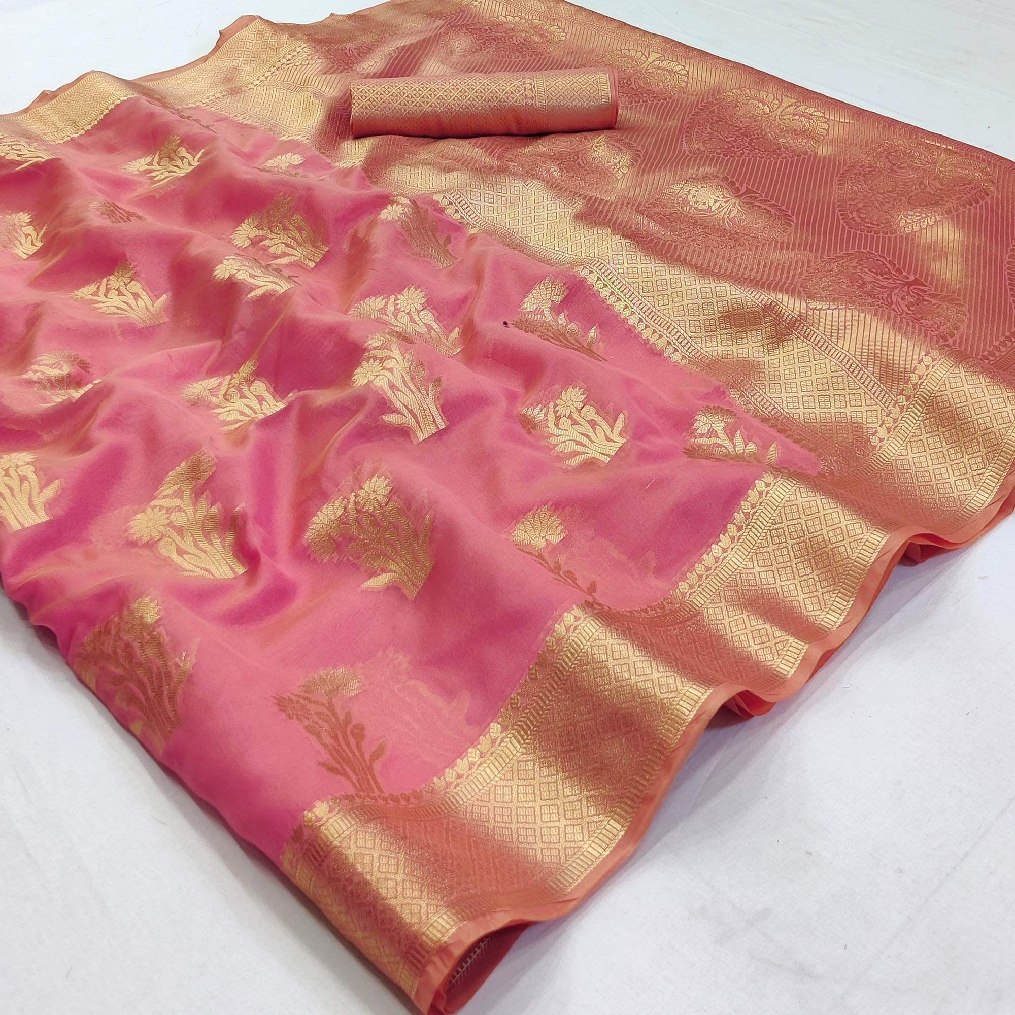 Pink Festive Wear Woven Organza Saree - Peachmode