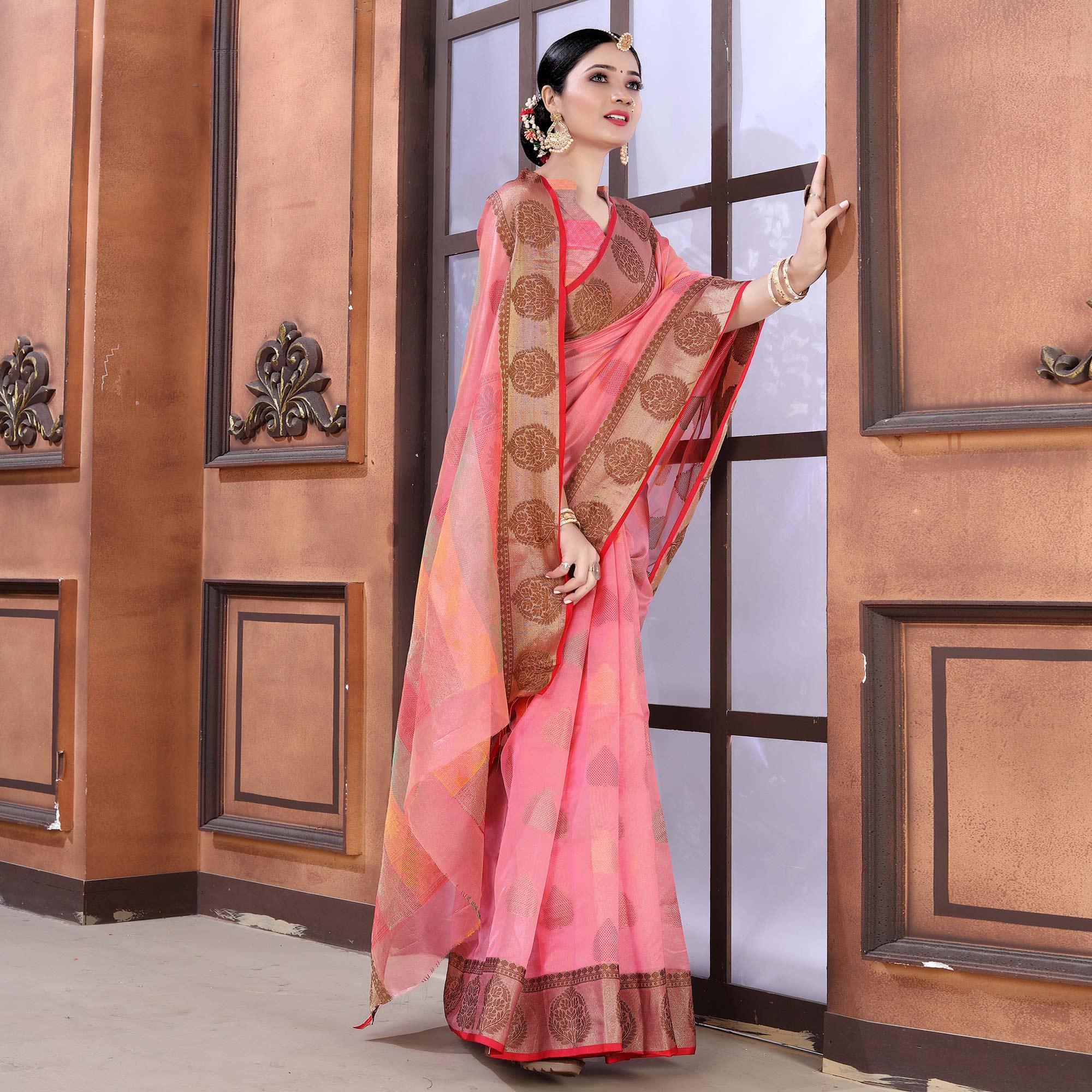 Pink Festive Wear Woven Organza Saree - Peachmode