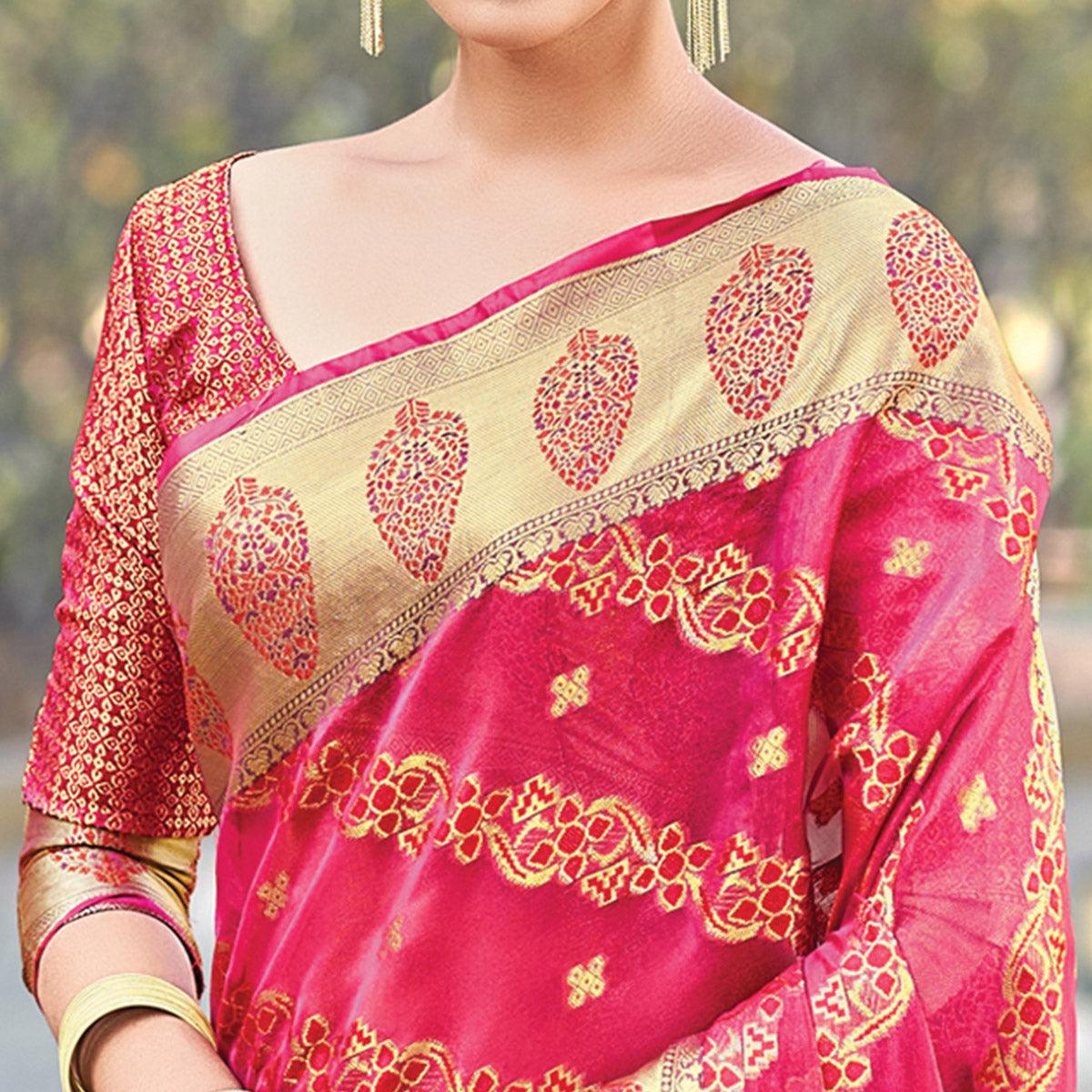 Pink Festive Wear Woven Organza Saree - Peachmode