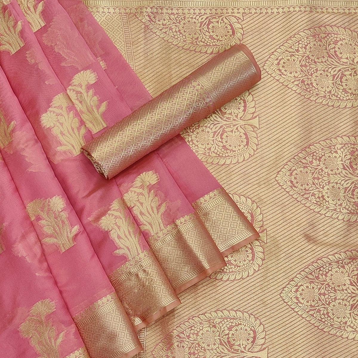 Pink Festive Wear Woven Organza Saree - Peachmode