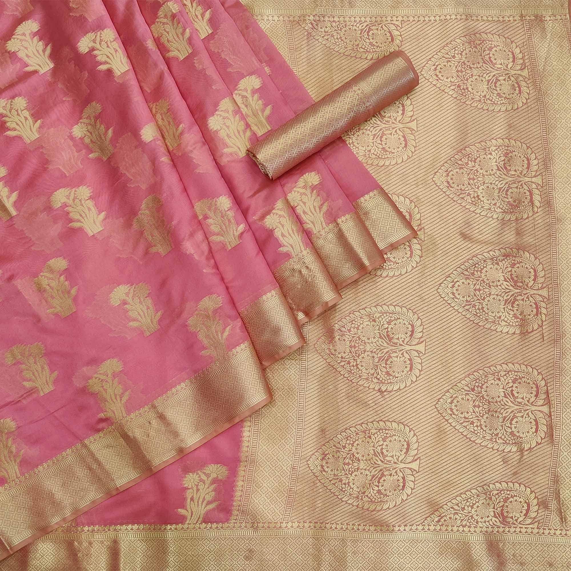 Pink Festive Wear Woven Organza Saree - Peachmode