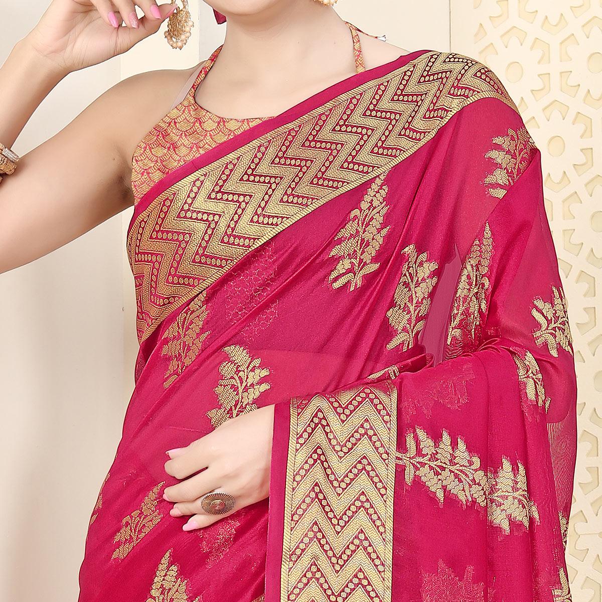 Pink Festive Wear Woven Organza Saree - Peachmode