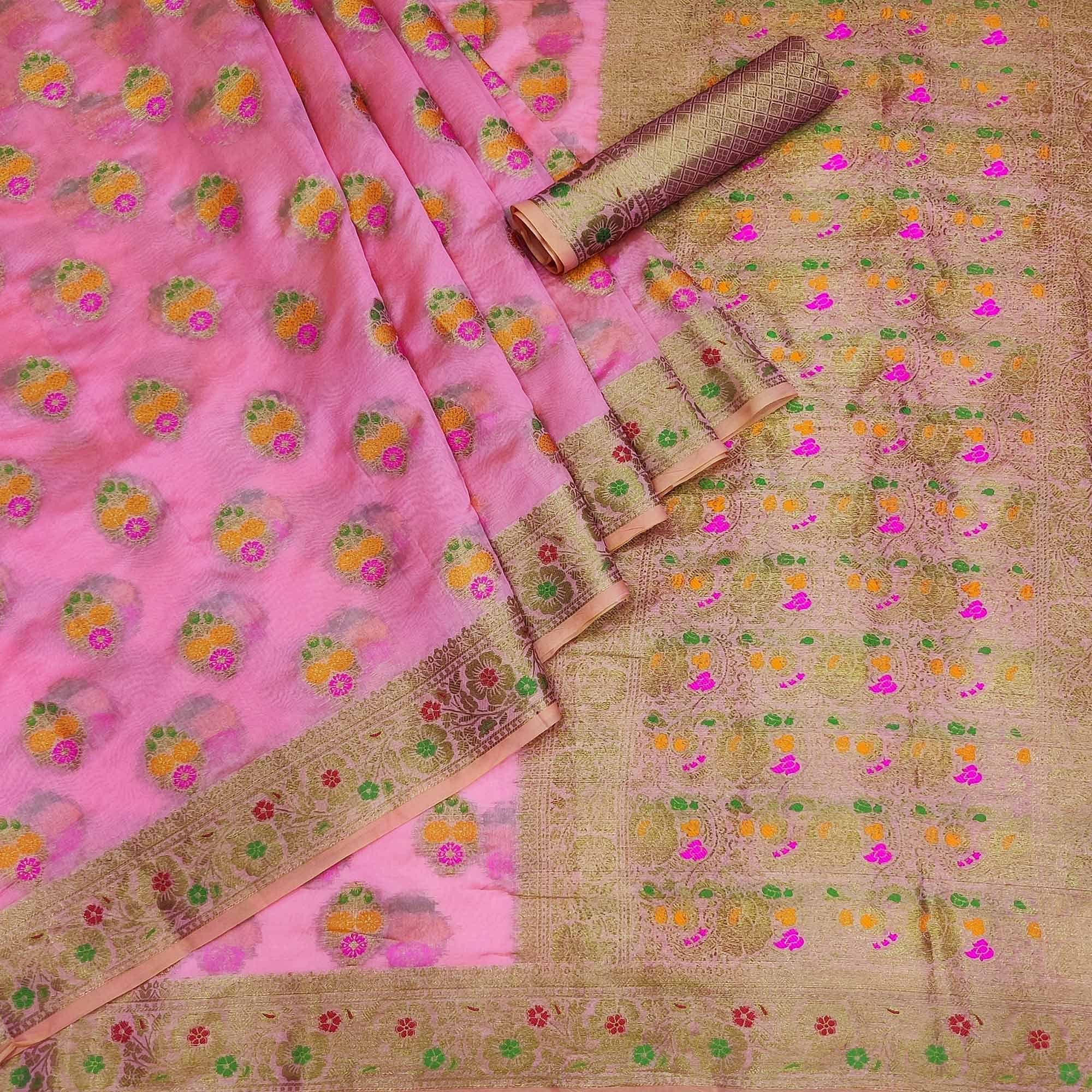 Pink Festive Wear Woven Organza Saree - Peachmode