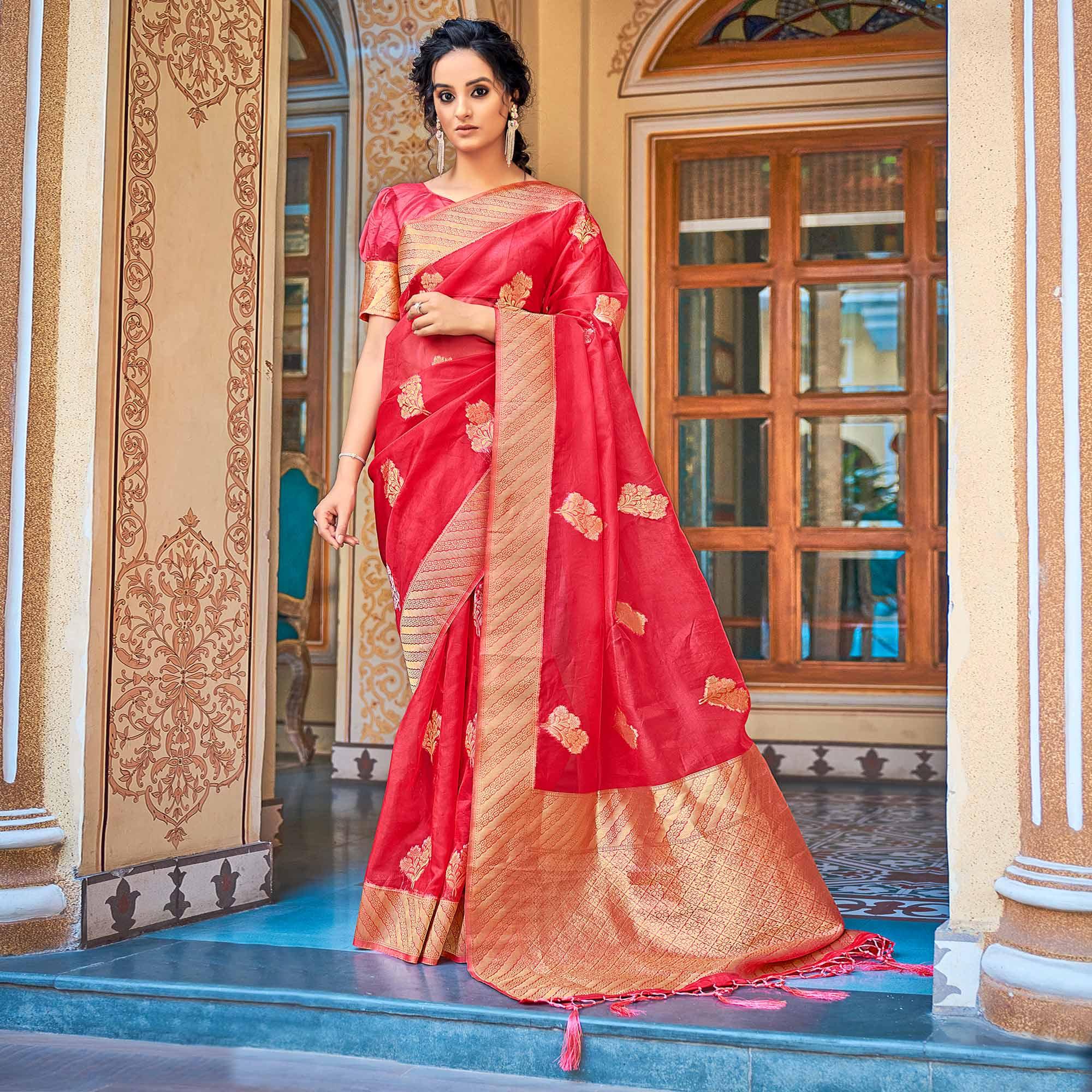 Pink Festive Wear Woven Organza Saree - Peachmode