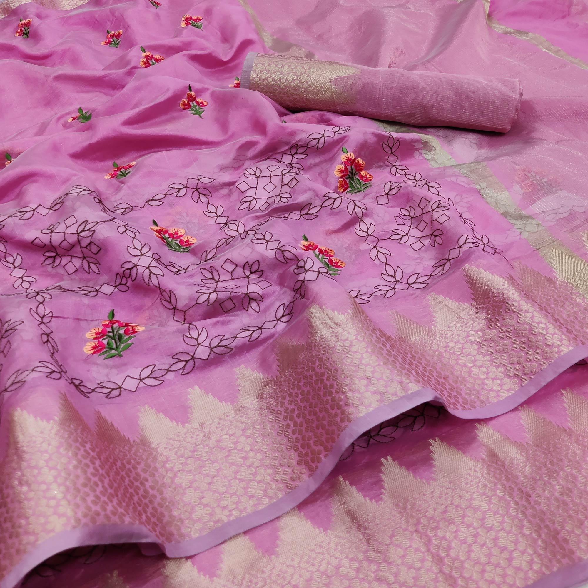Pink Festive Wear Woven Organza Saree With Floral Embroidery Butta Work - Peachmode