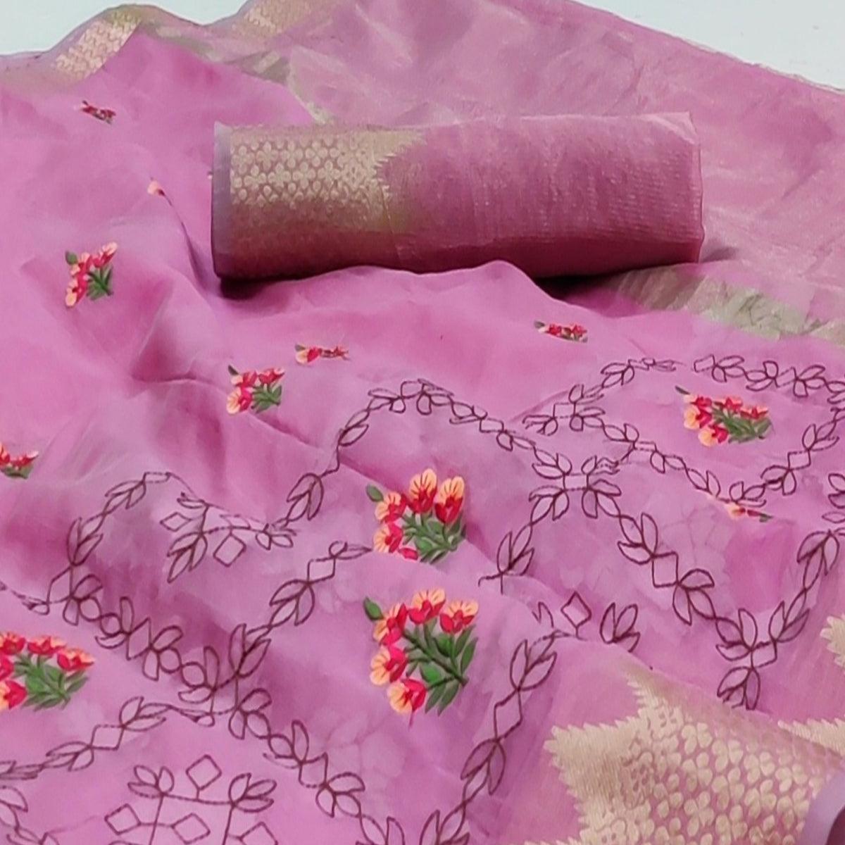 Pink Festive Wear Woven Organza Saree With Floral Embroidery Butta Work - Peachmode
