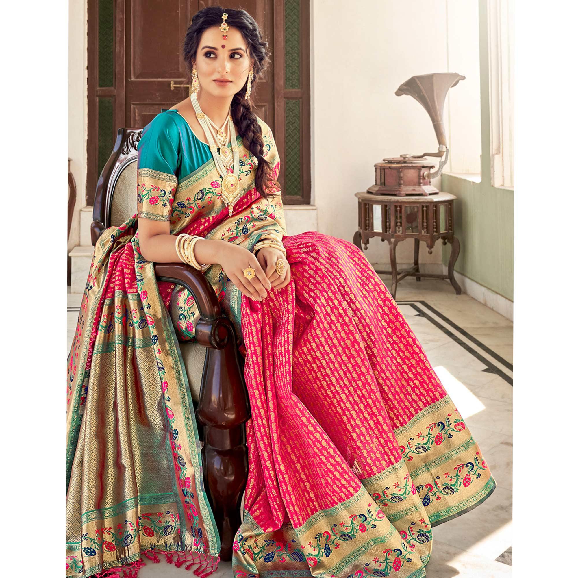 Pink Festive Wear Woven Paithani Silk Saree - Peachmode