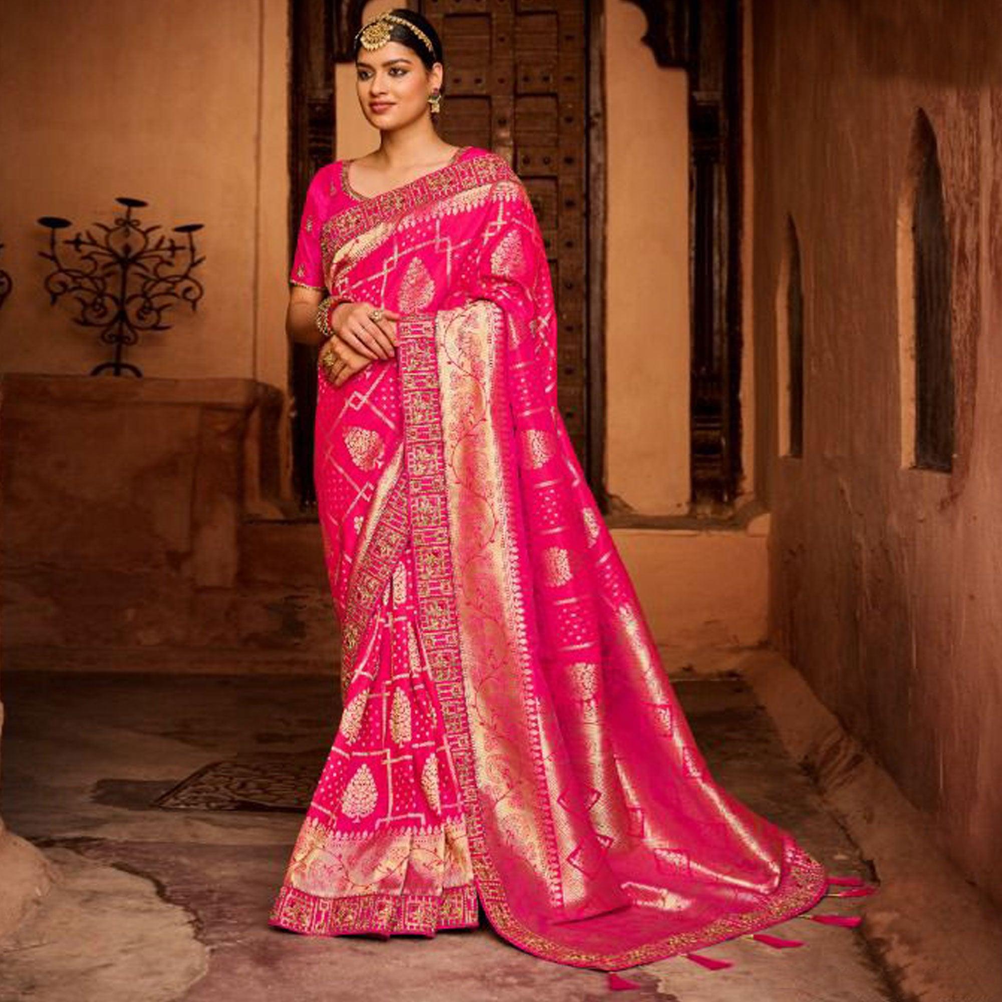 Pink Festive Wear Woven Poly Silk Saree - Peachmode