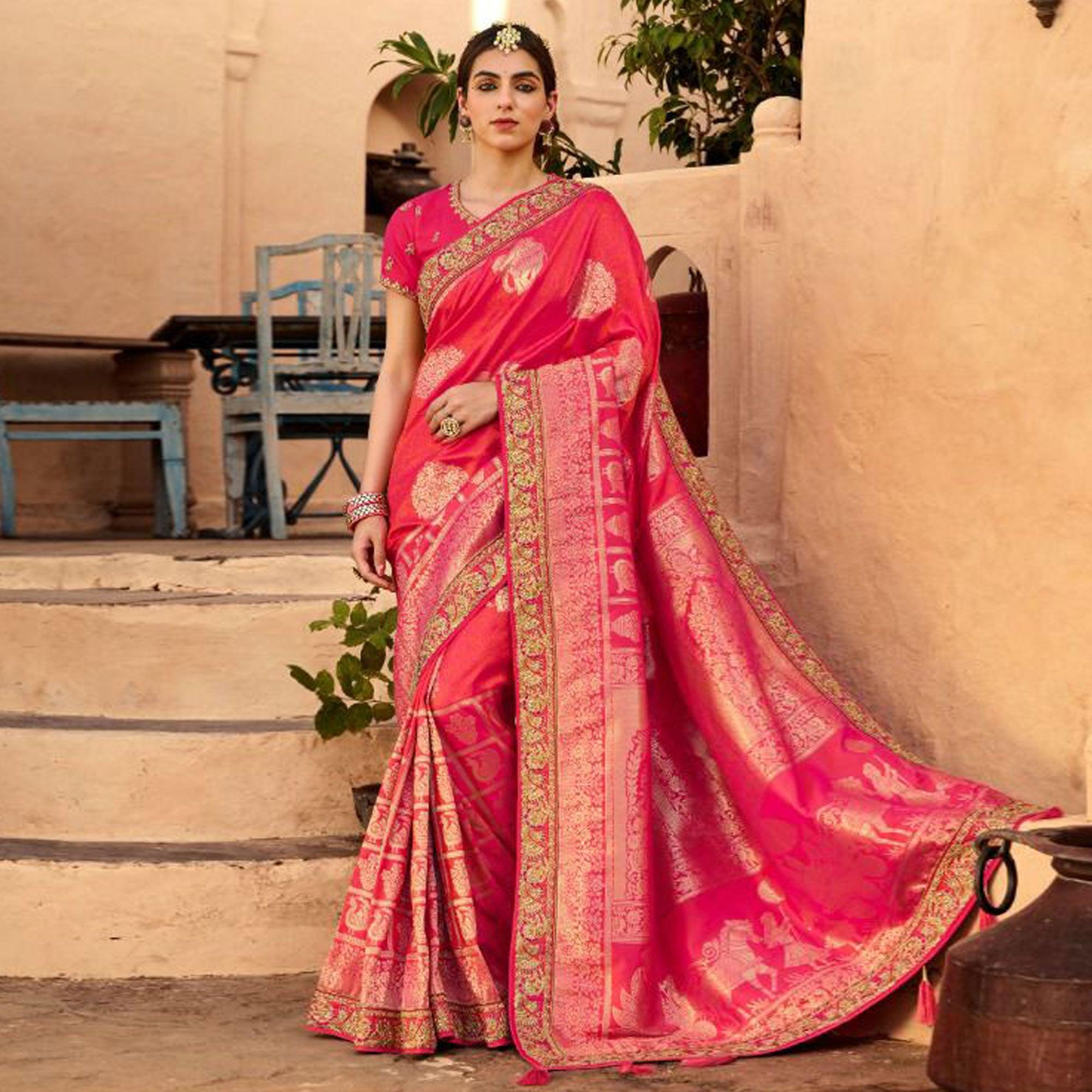 Pink Festive Wear Woven Poly Silk Saree - Peachmode