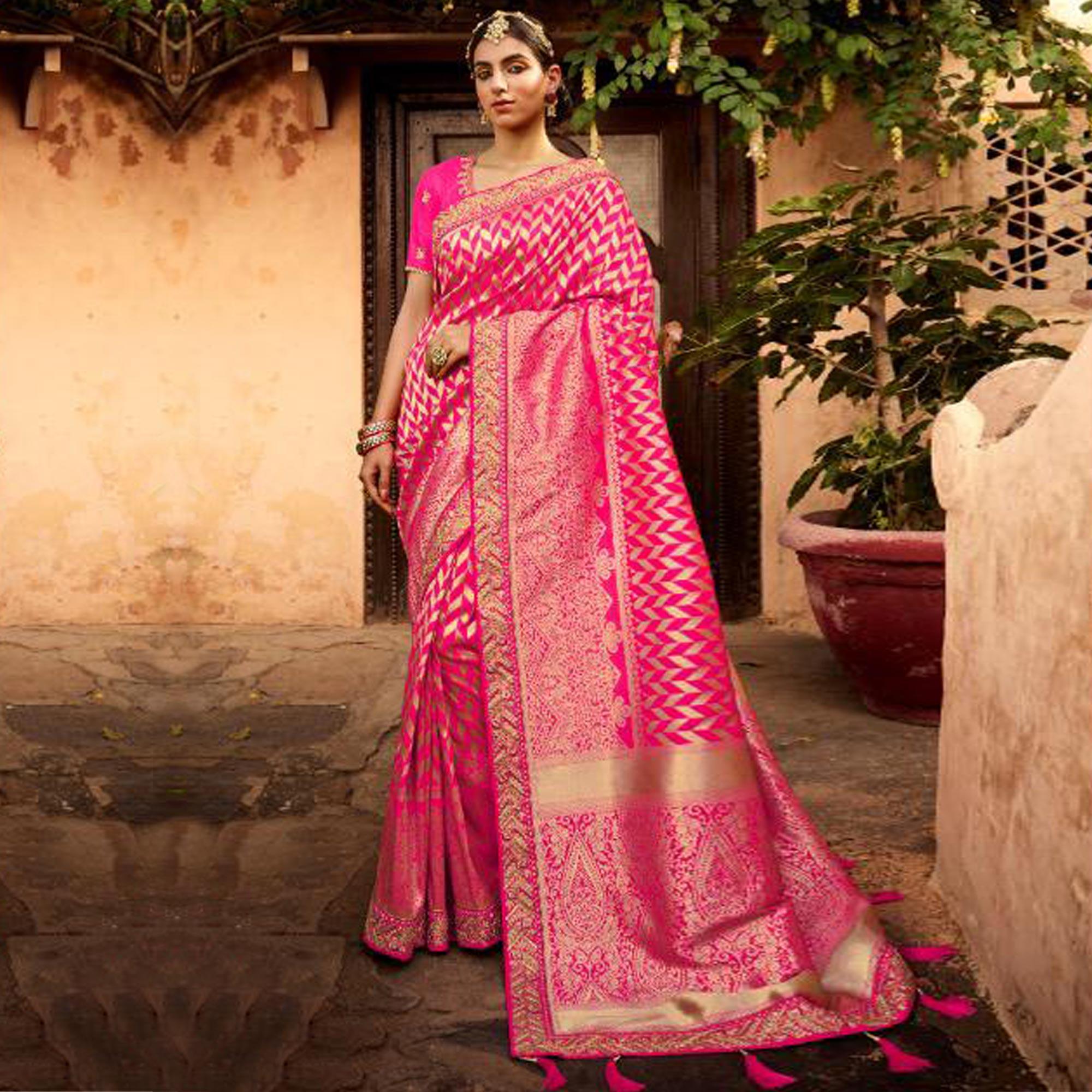 Pink Festive Wear Woven Poly Silk Saree - Peachmode