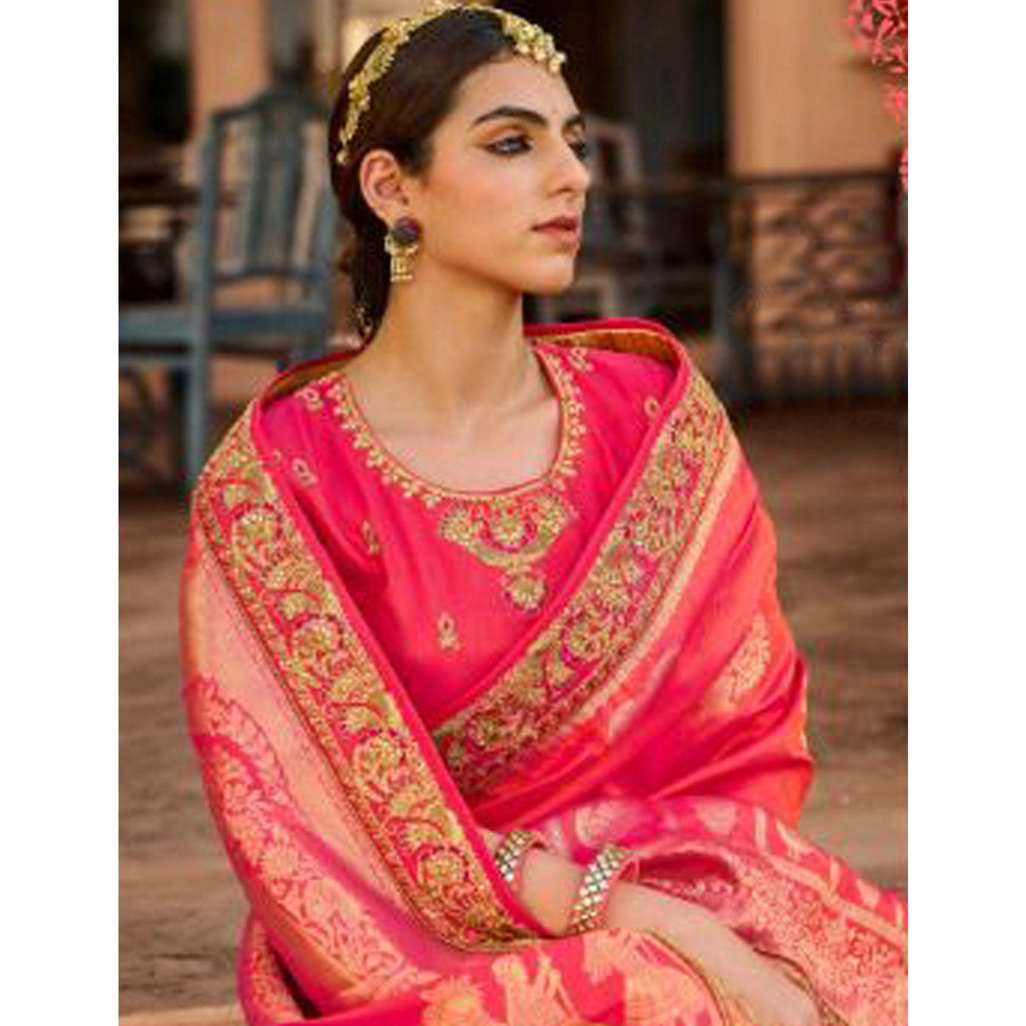 Pink Festive Wear Woven Poly Silk Saree - Peachmode
