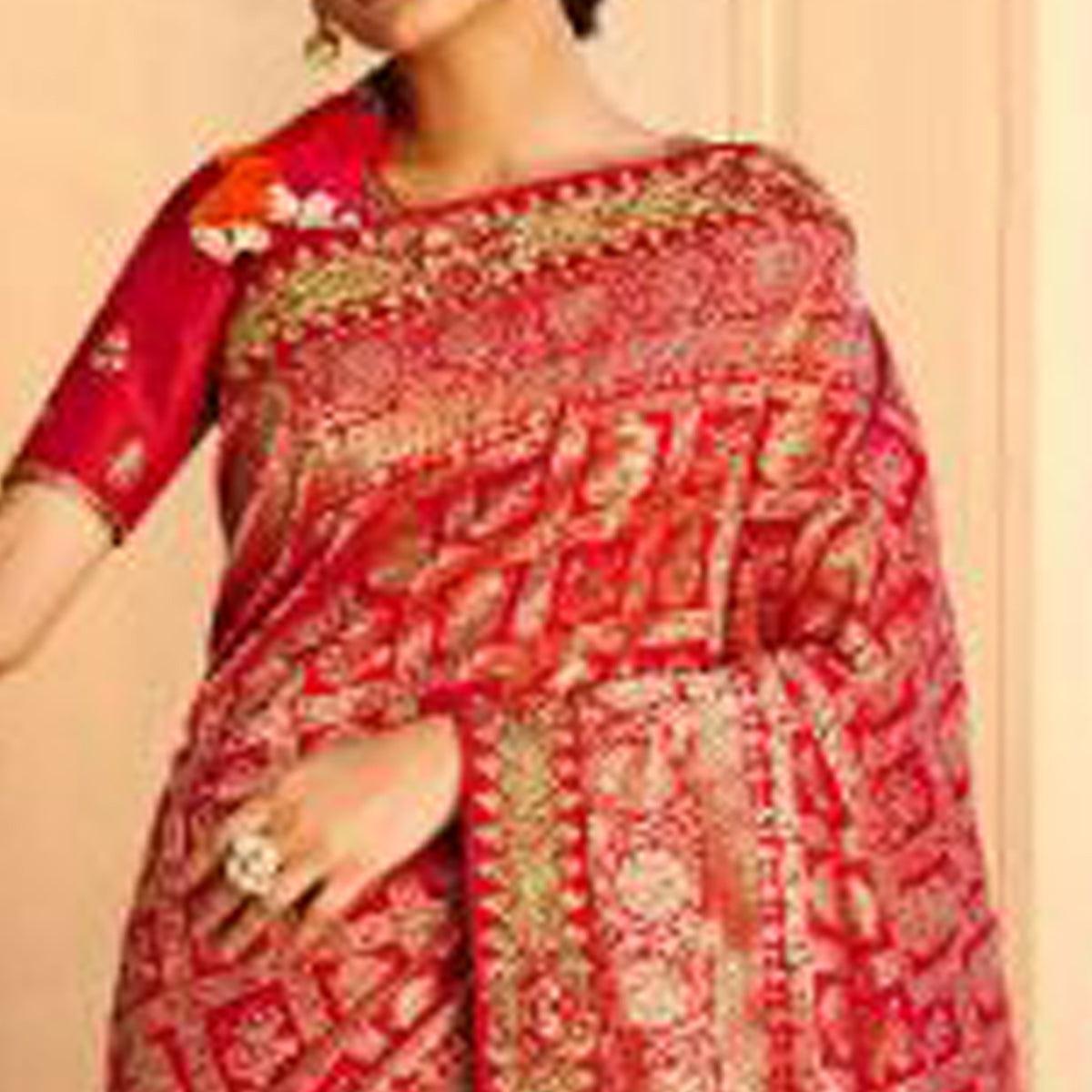 Pink Festive Wear Woven Poly Silk Saree - Peachmode
