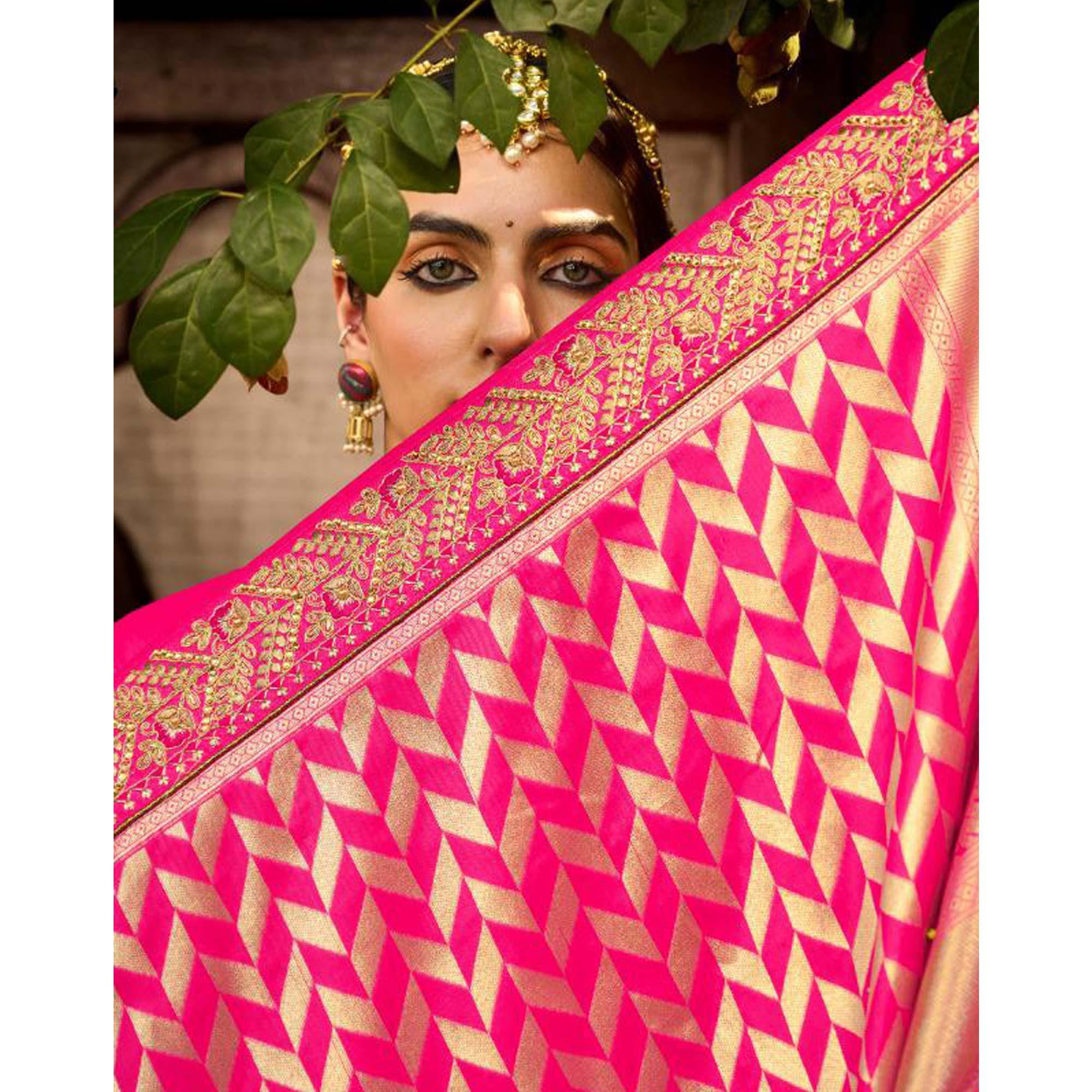 Pink Festive Wear Woven Poly Silk Saree - Peachmode