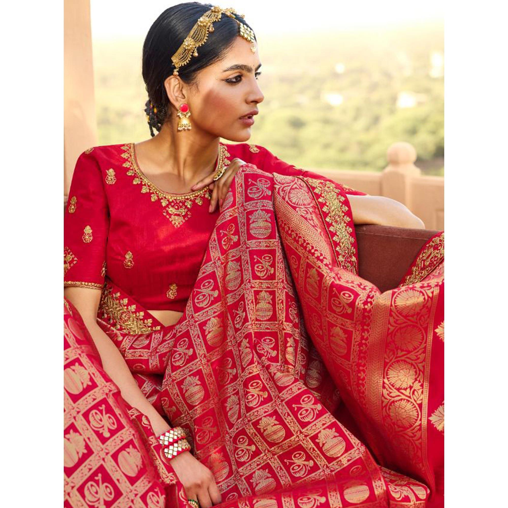 Pink Festive Wear Woven Poly Silk Saree - Peachmode