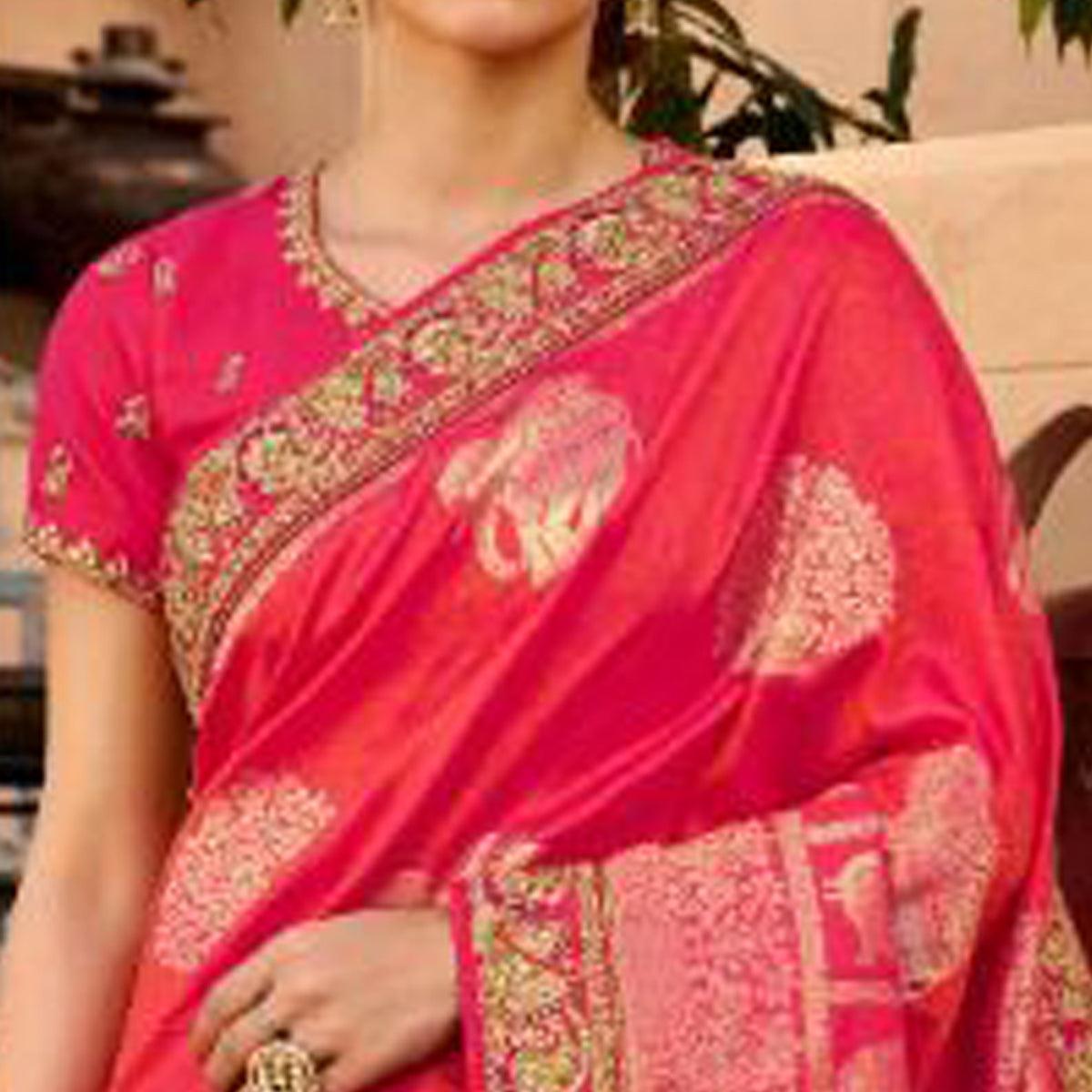 Pink Festive Wear Woven Poly Silk Saree - Peachmode