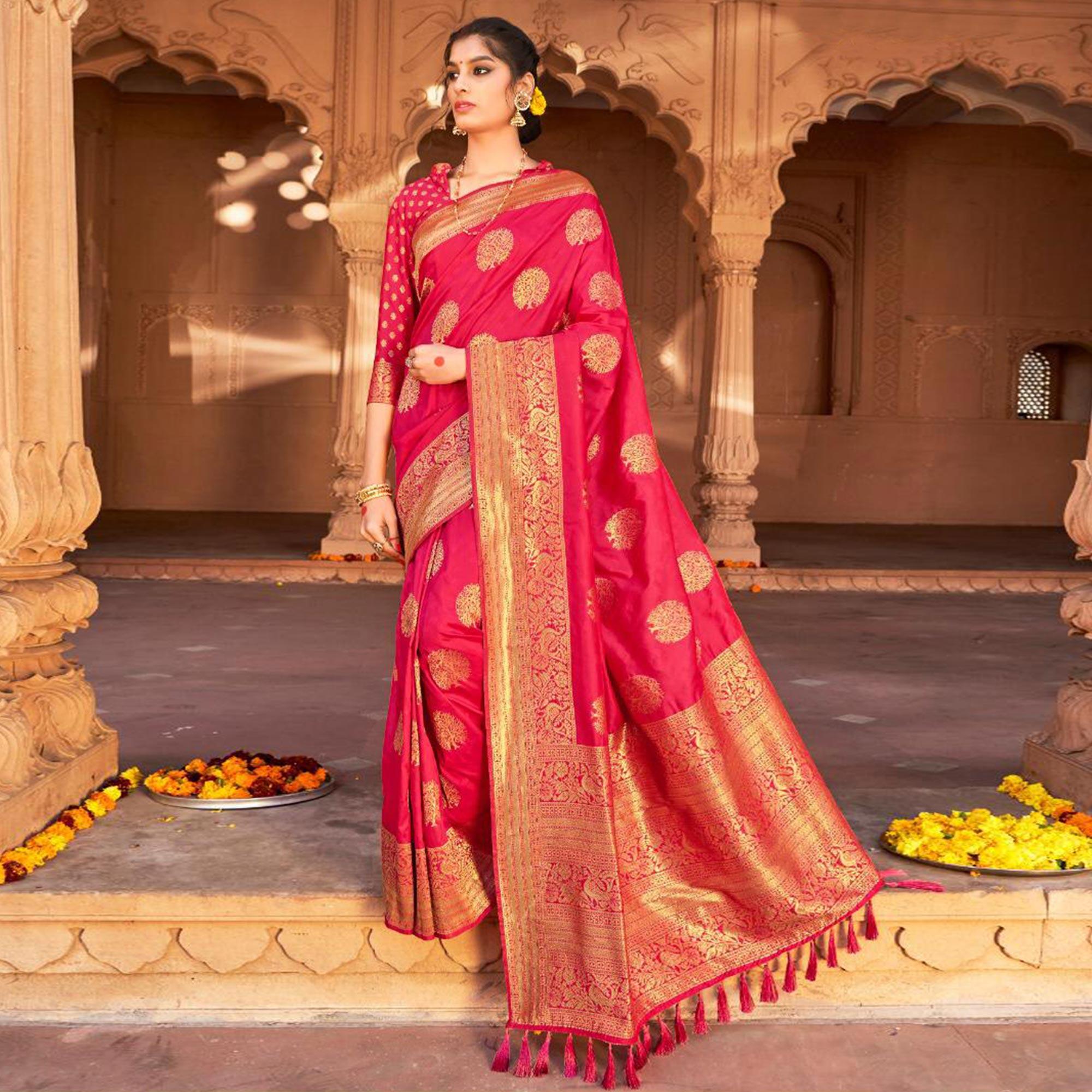Pink Festive Wear Woven Pure Satin Saree - Peachmode