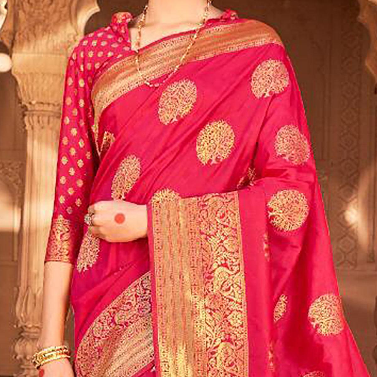 Pink Festive Wear Woven Pure Satin Saree - Peachmode