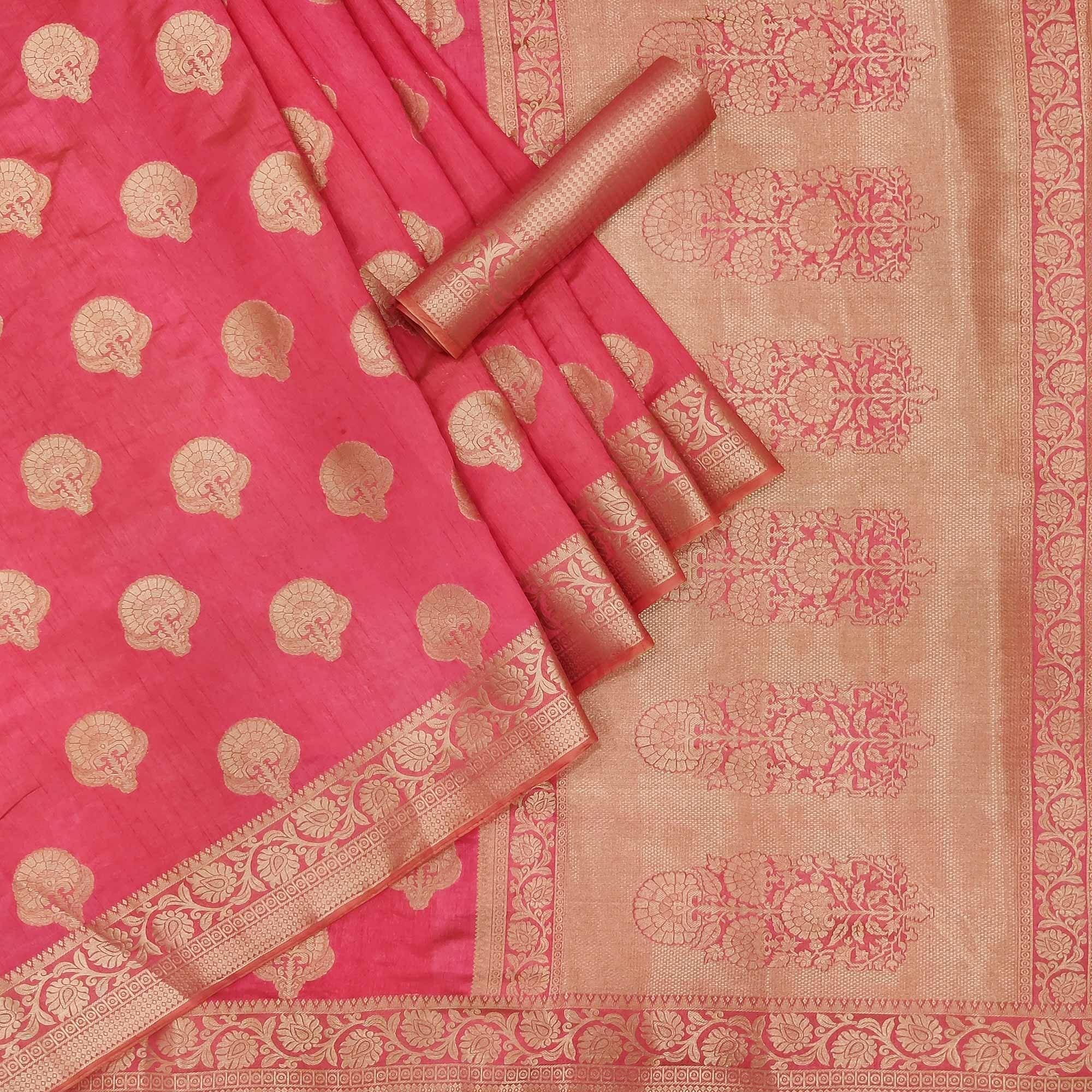 Pink Festive Wear Woven Raw Silk Saree - Peachmode