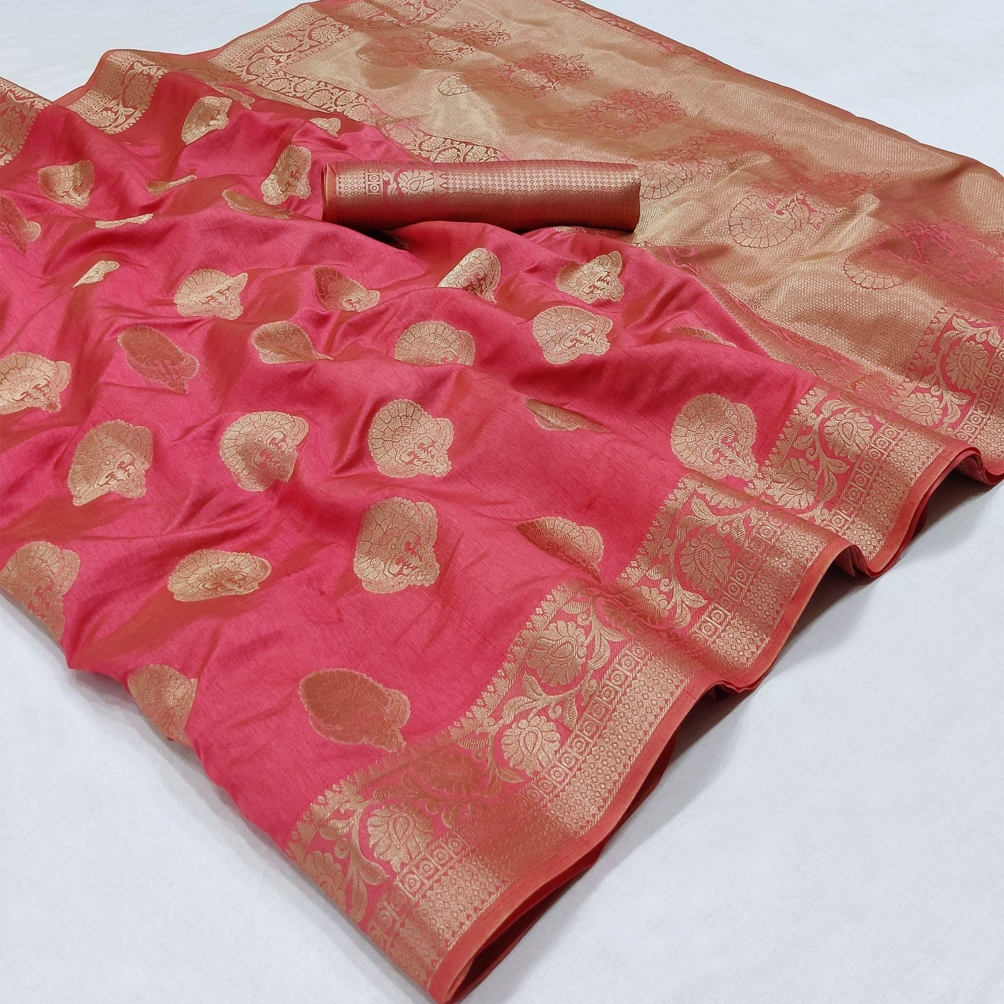 Pink Festive Wear Woven Raw Silk Saree - Peachmode