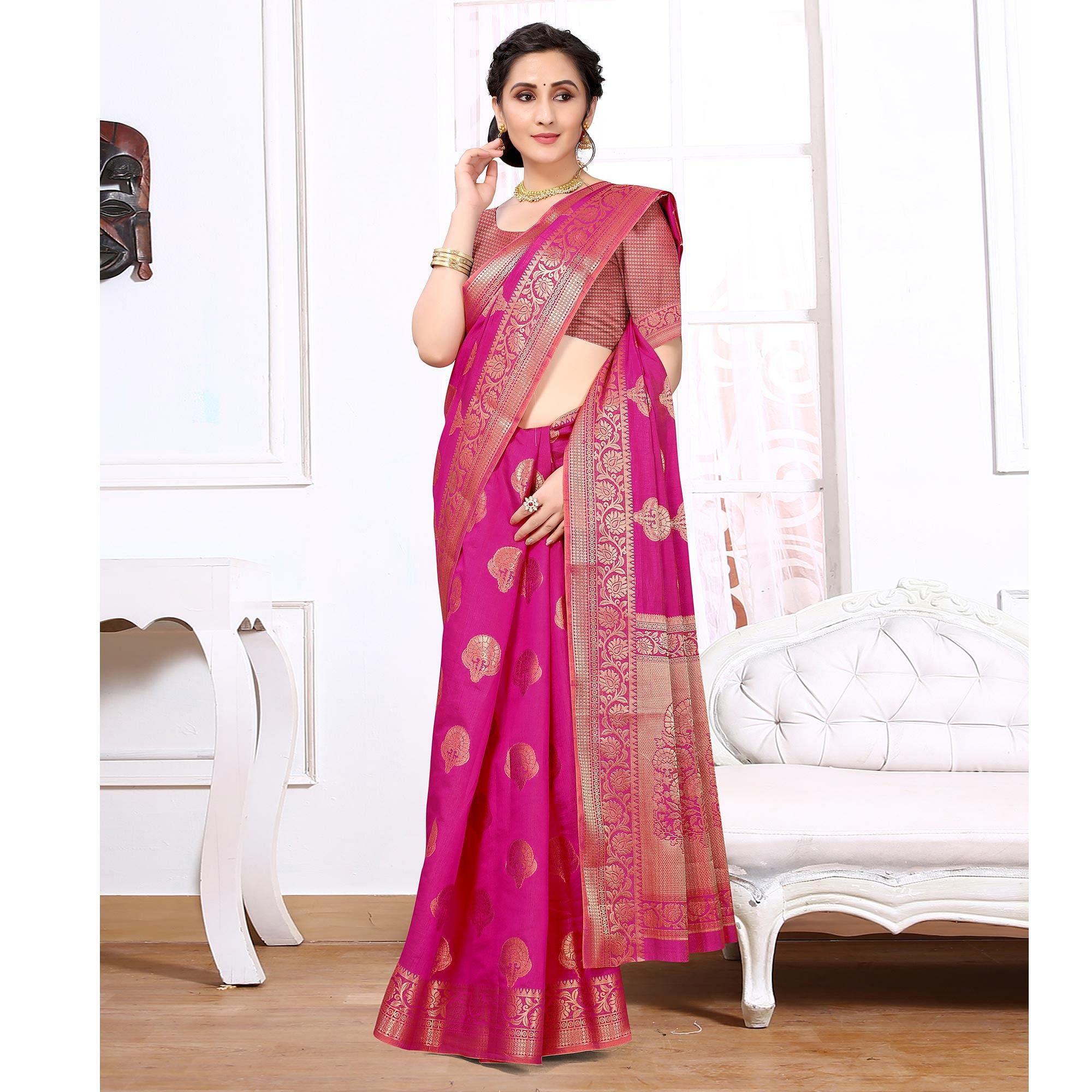 Pink Festive Wear Woven Raw Silk Saree - Peachmode