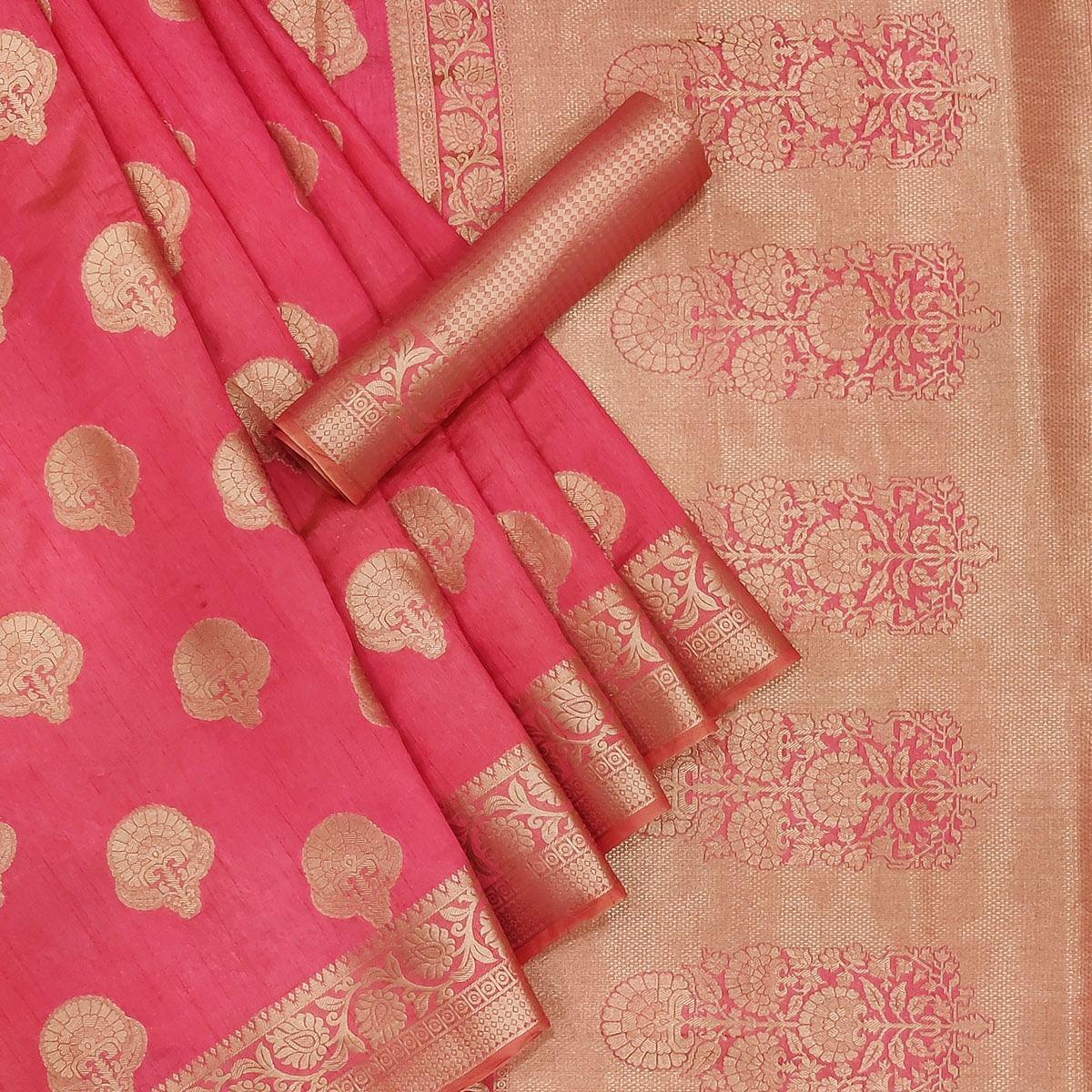 Pink Festive Wear Woven Raw Silk Saree - Peachmode