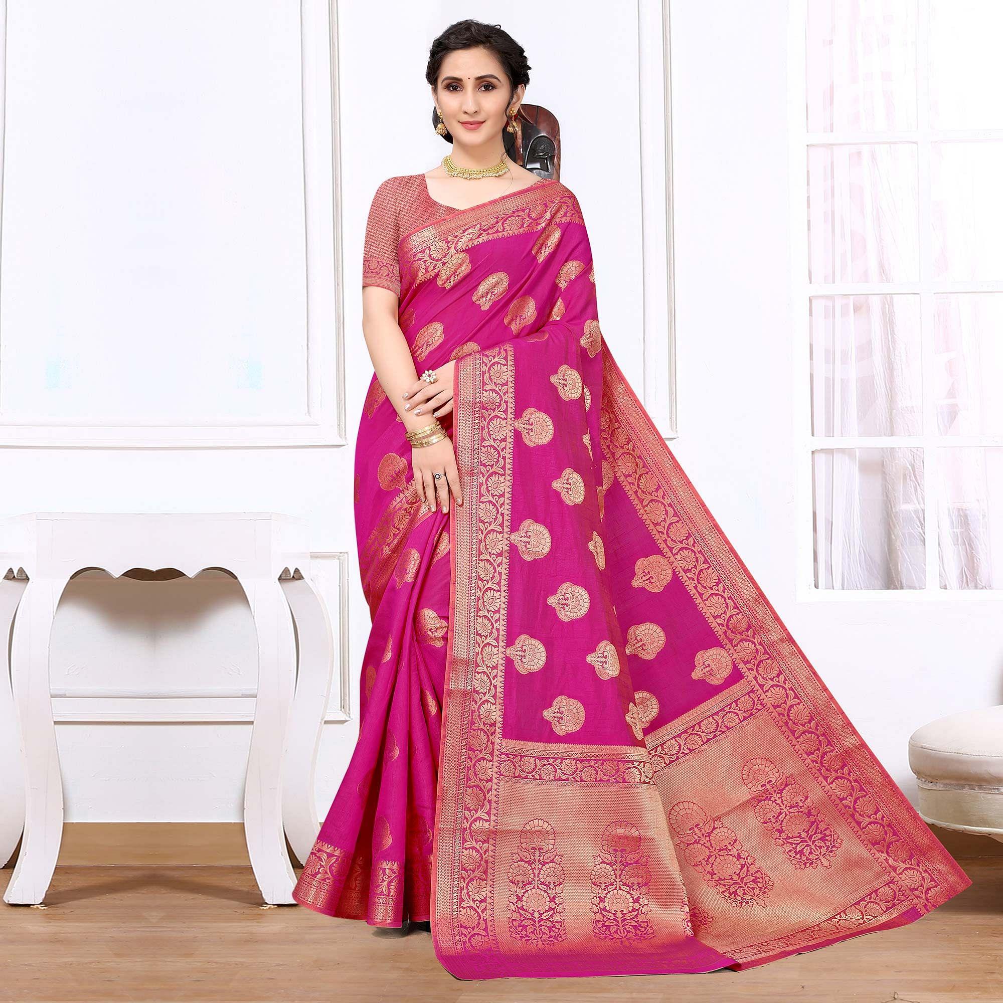 Pink Festive Wear Woven Raw Silk Saree - Peachmode