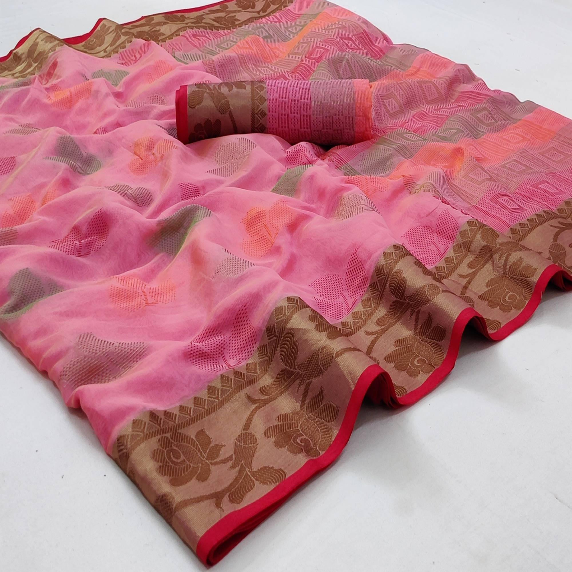 Pink Festive Wear Woven Rich Pallu Organza Saree - Peachmode