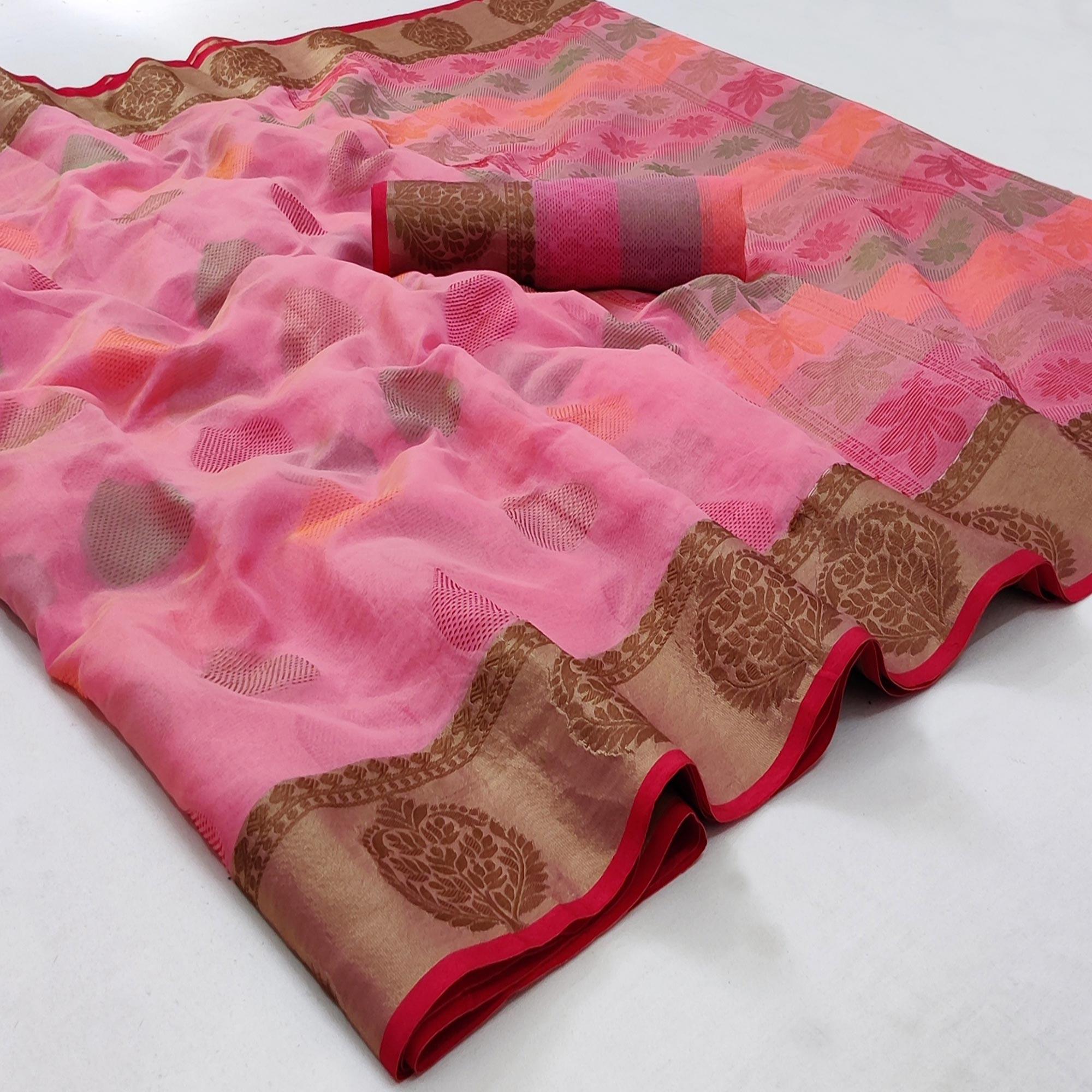 Pink Festive Wear Woven Rich Pallu Organza Saree - Peachmode