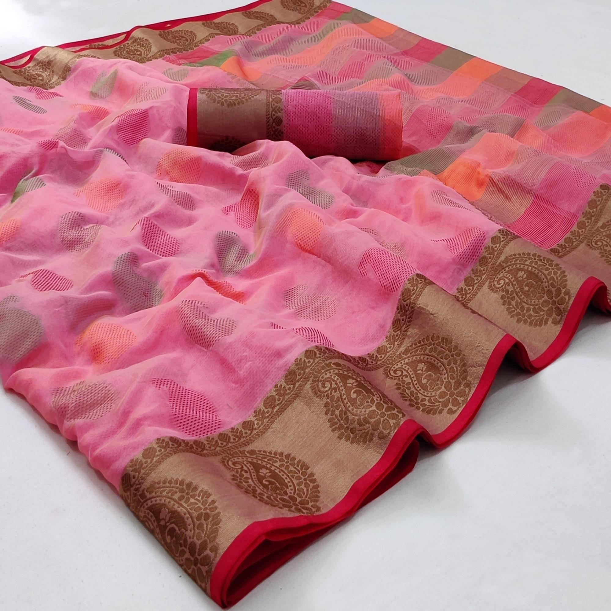 Pink Festive Wear Woven Rich Pallu Organza Saree - Peachmode