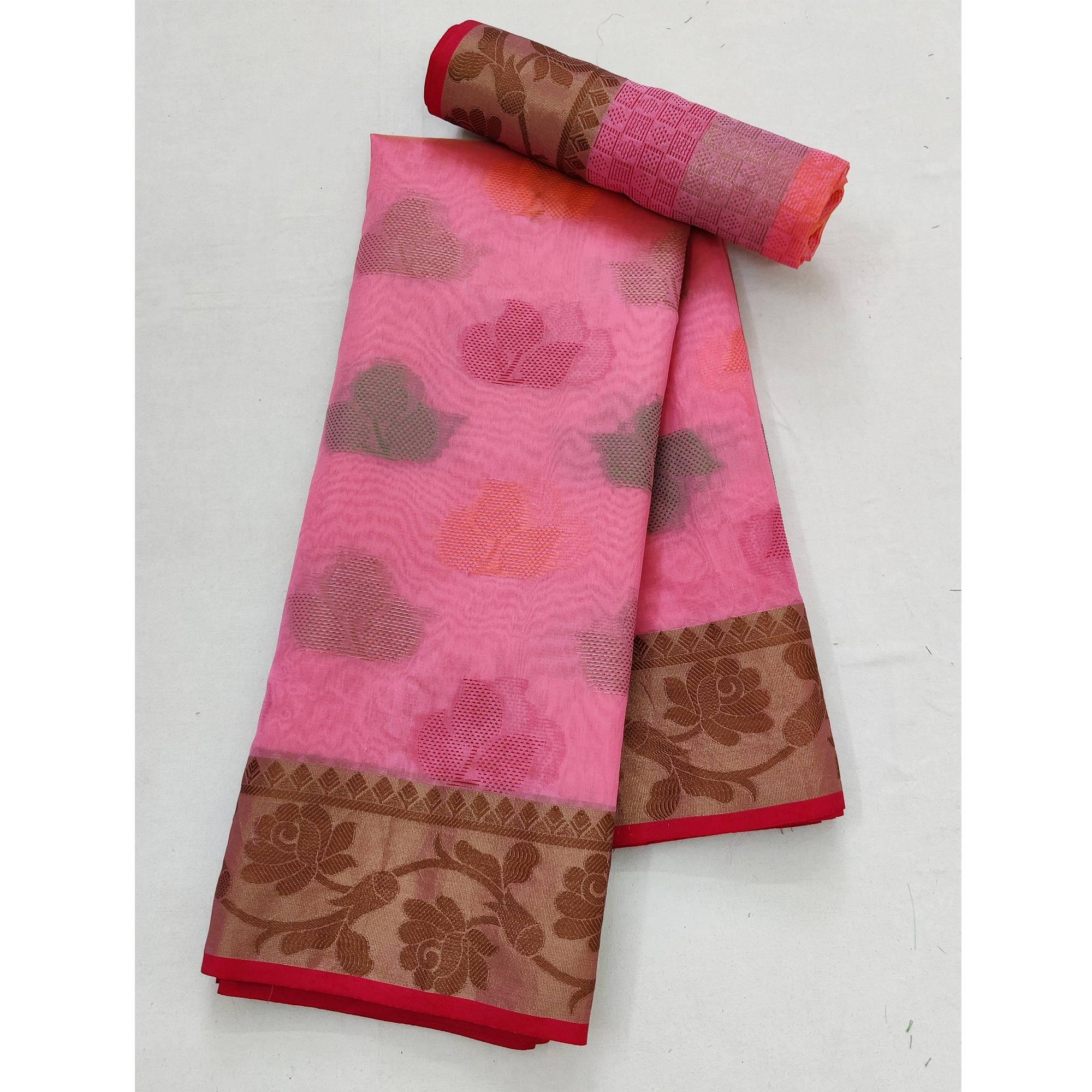 Pink Festive Wear Woven Rich Pallu Organza Saree - Peachmode