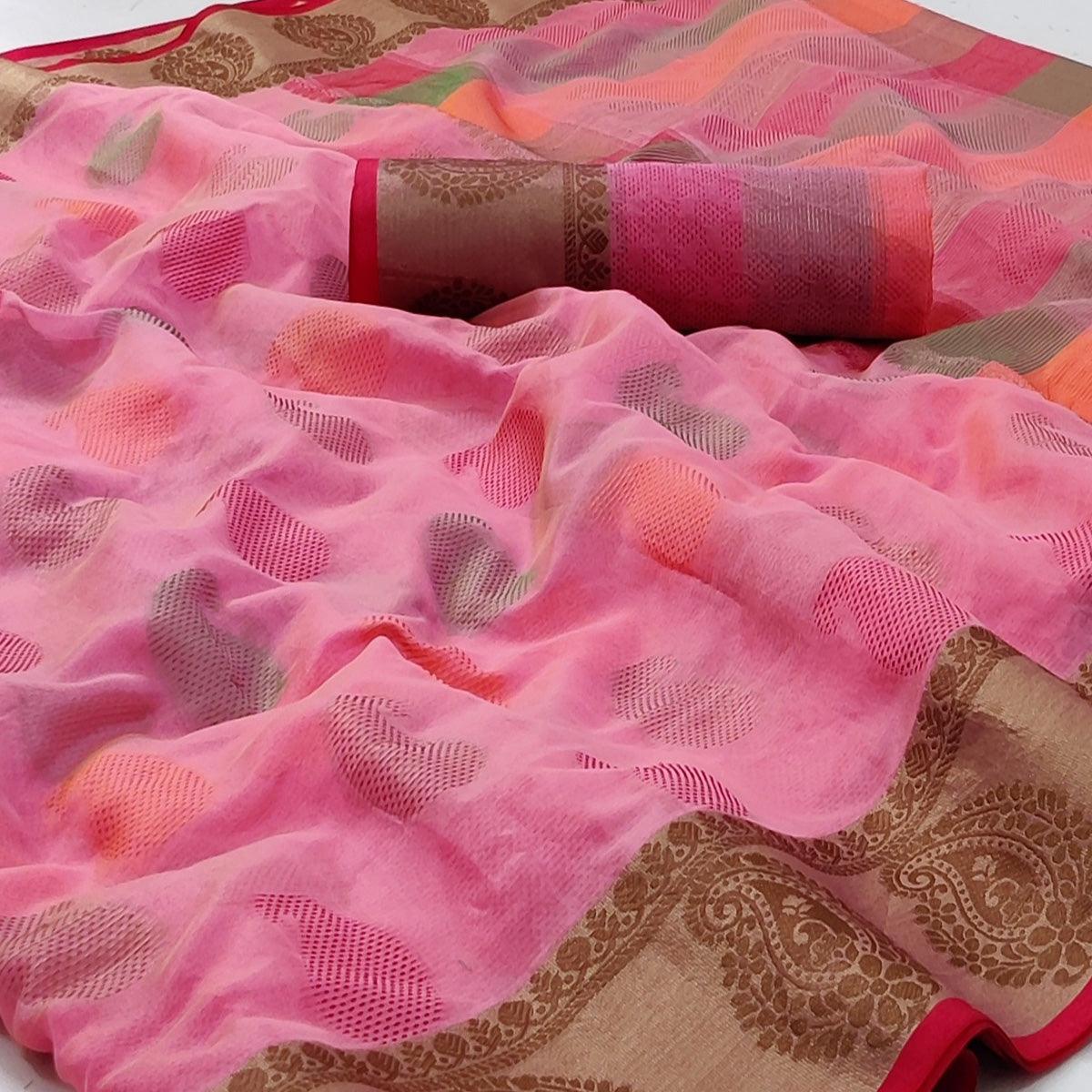 Pink Festive Wear Woven Rich Pallu Organza Saree - Peachmode