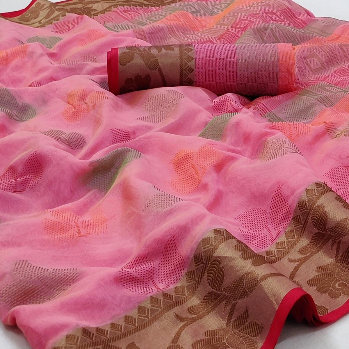 Pink Festive Wear Woven Rich Pallu Organza Saree - Peachmode