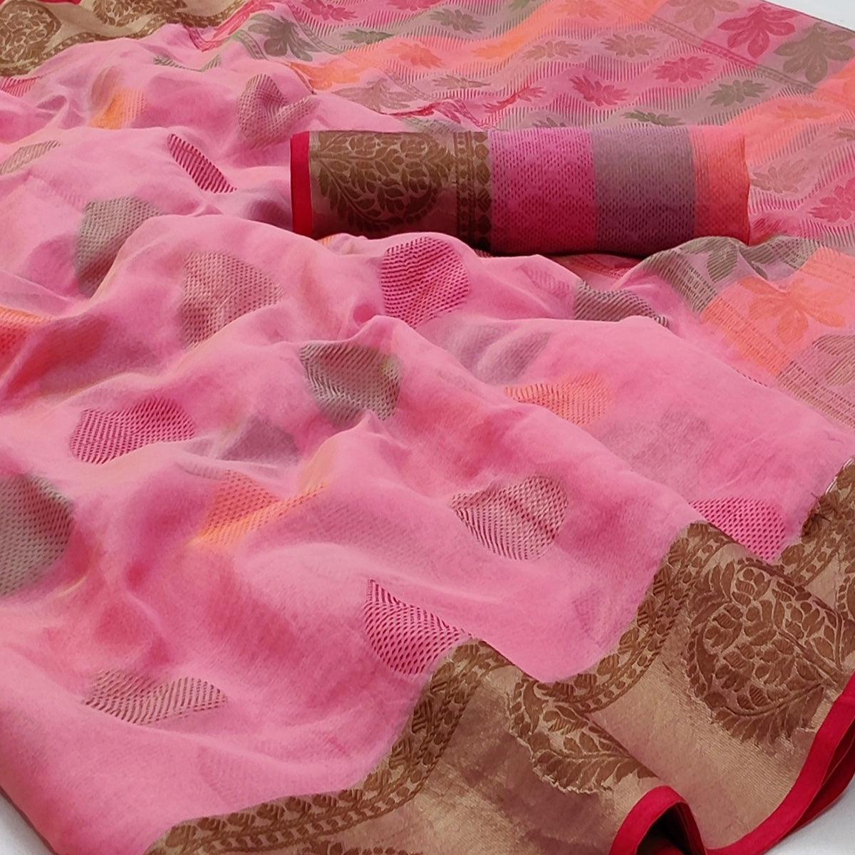 Pink Festive Wear Woven Rich Pallu Organza Saree - Peachmode