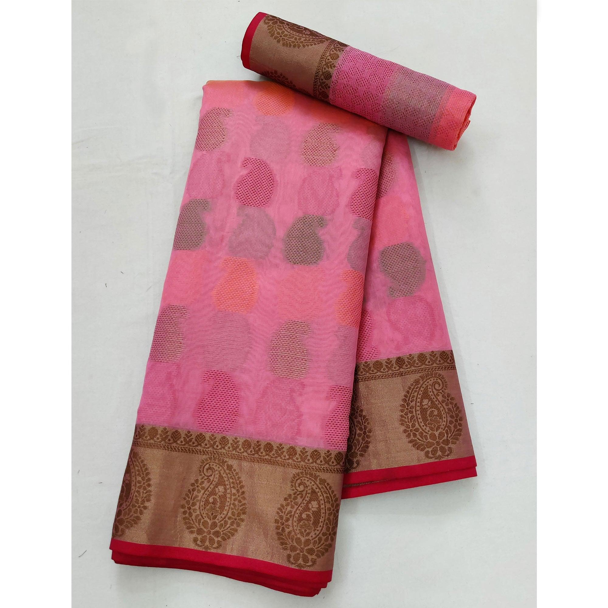 Pink Festive Wear Woven Rich Pallu Organza Saree - Peachmode