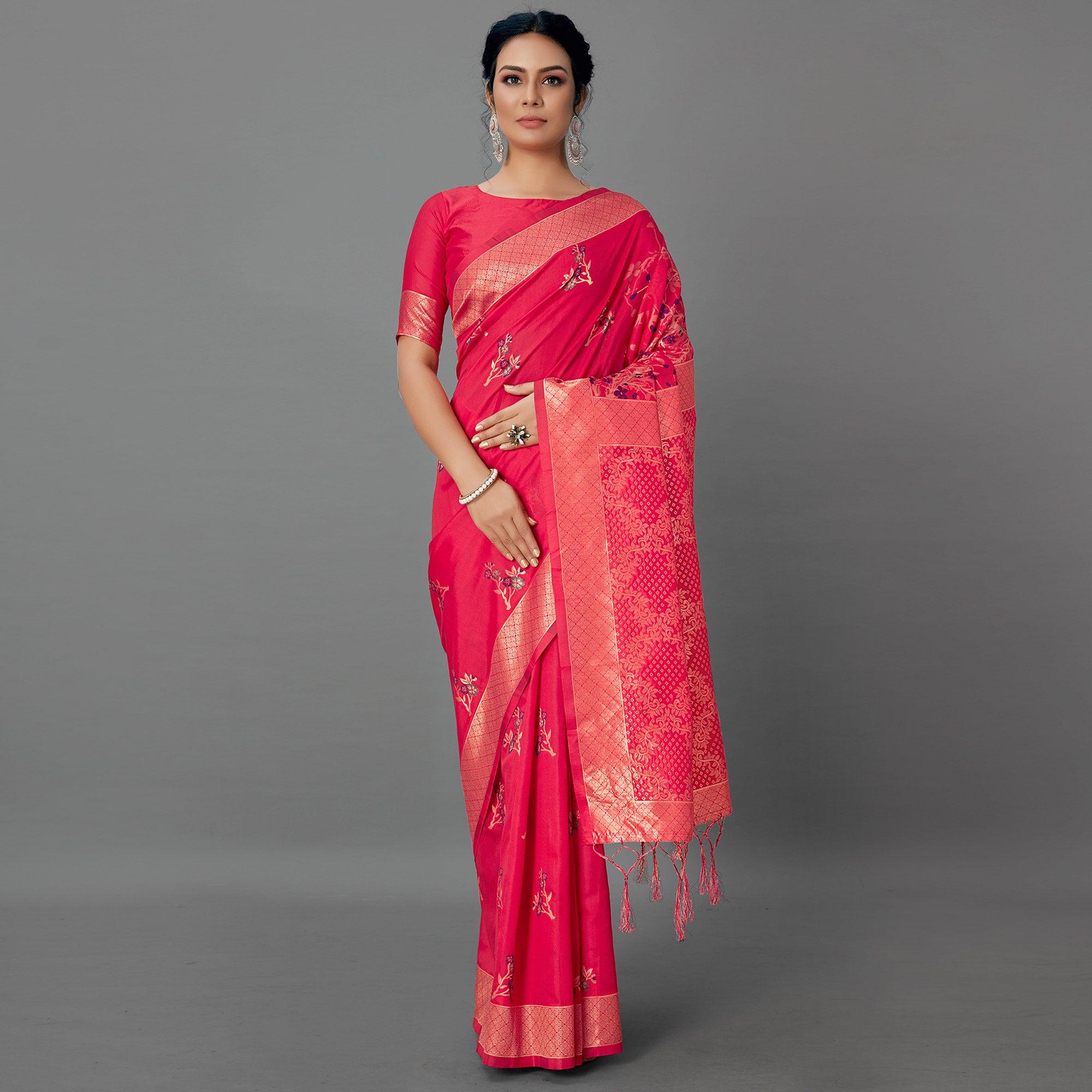 Pink Festive Wear Woven Silk Blend  Saree - Peachmode