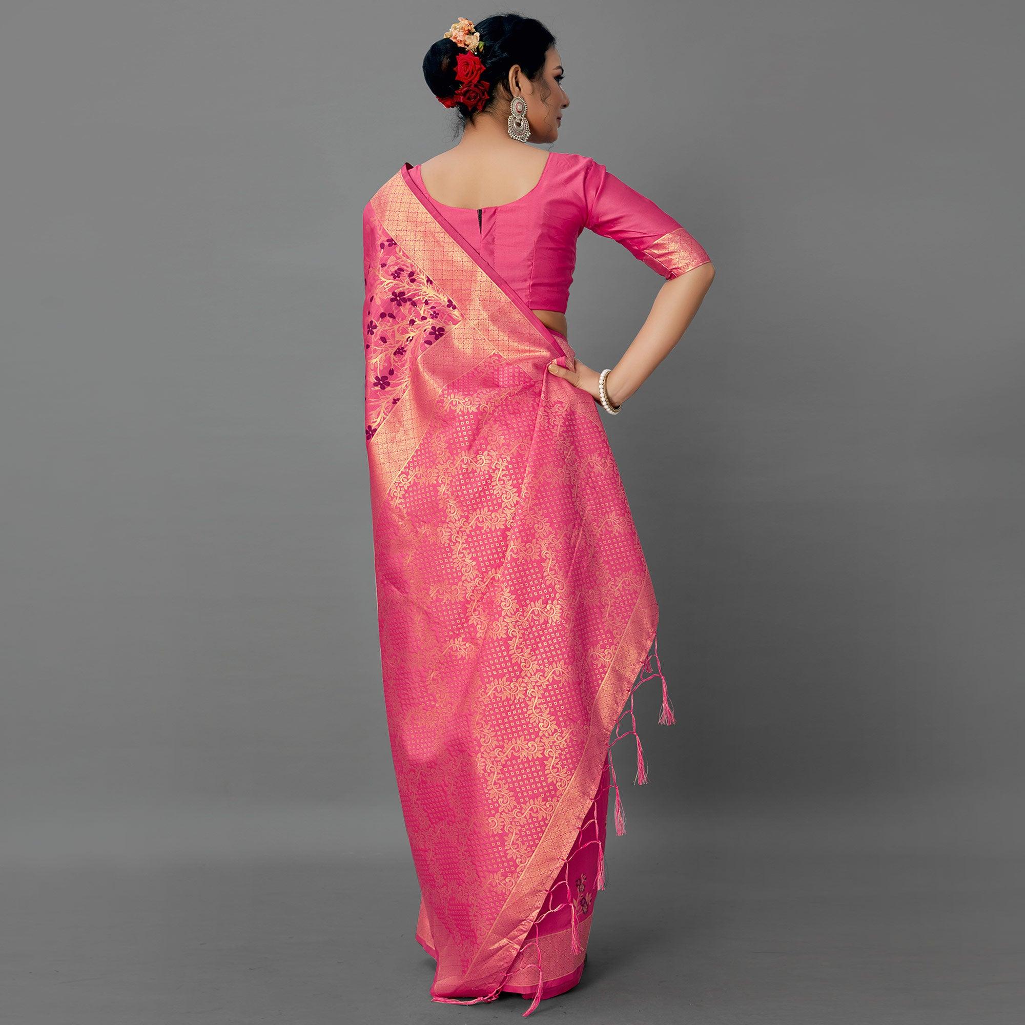 Pink Festive Wear Woven Silk Blend  Saree - Peachmode