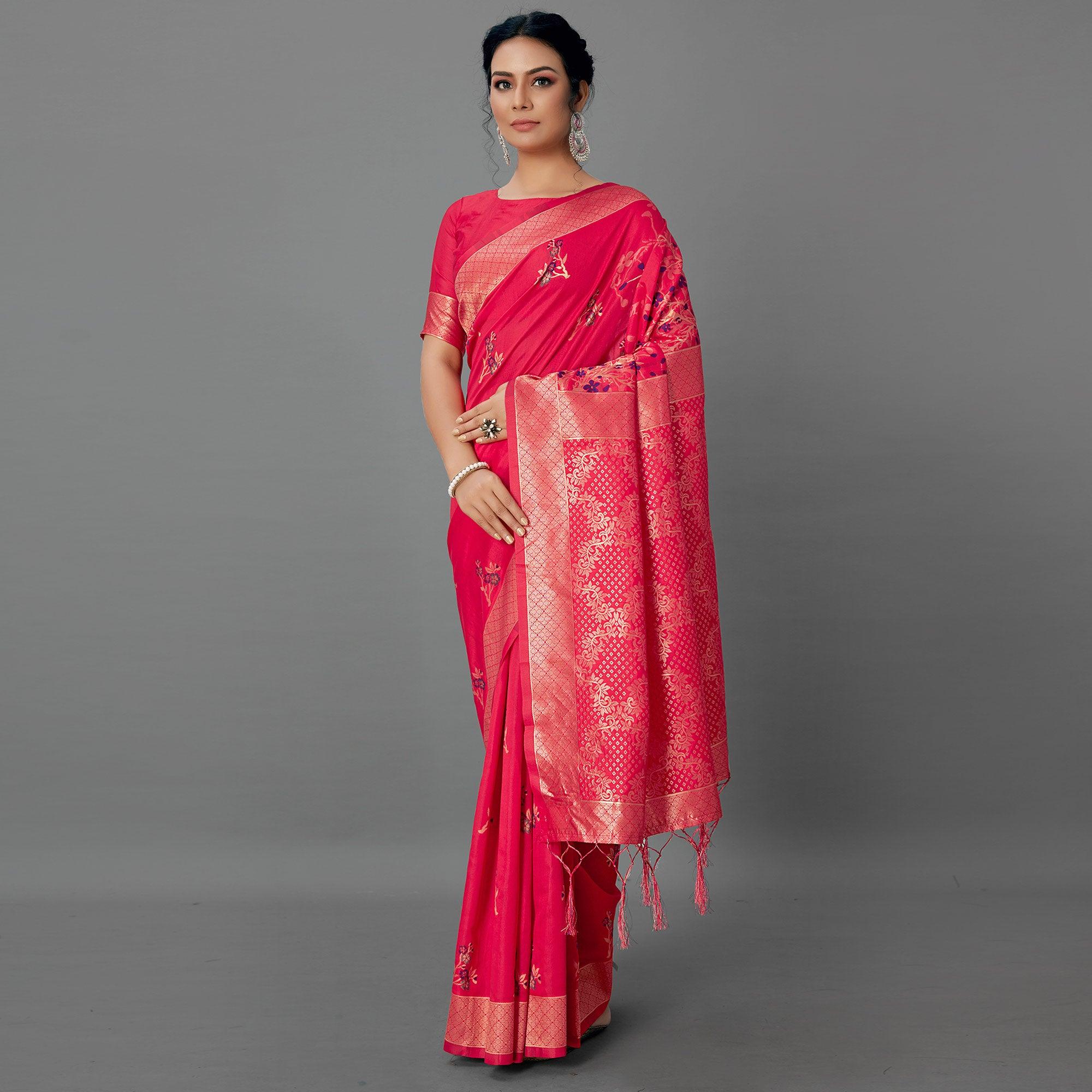 Pink Festive Wear Woven Silk Blend  Saree - Peachmode