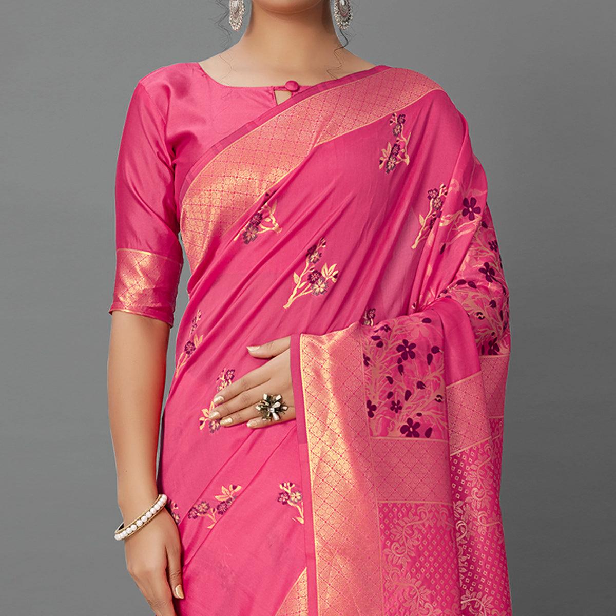 Pink Festive Wear Woven Silk Blend  Saree - Peachmode