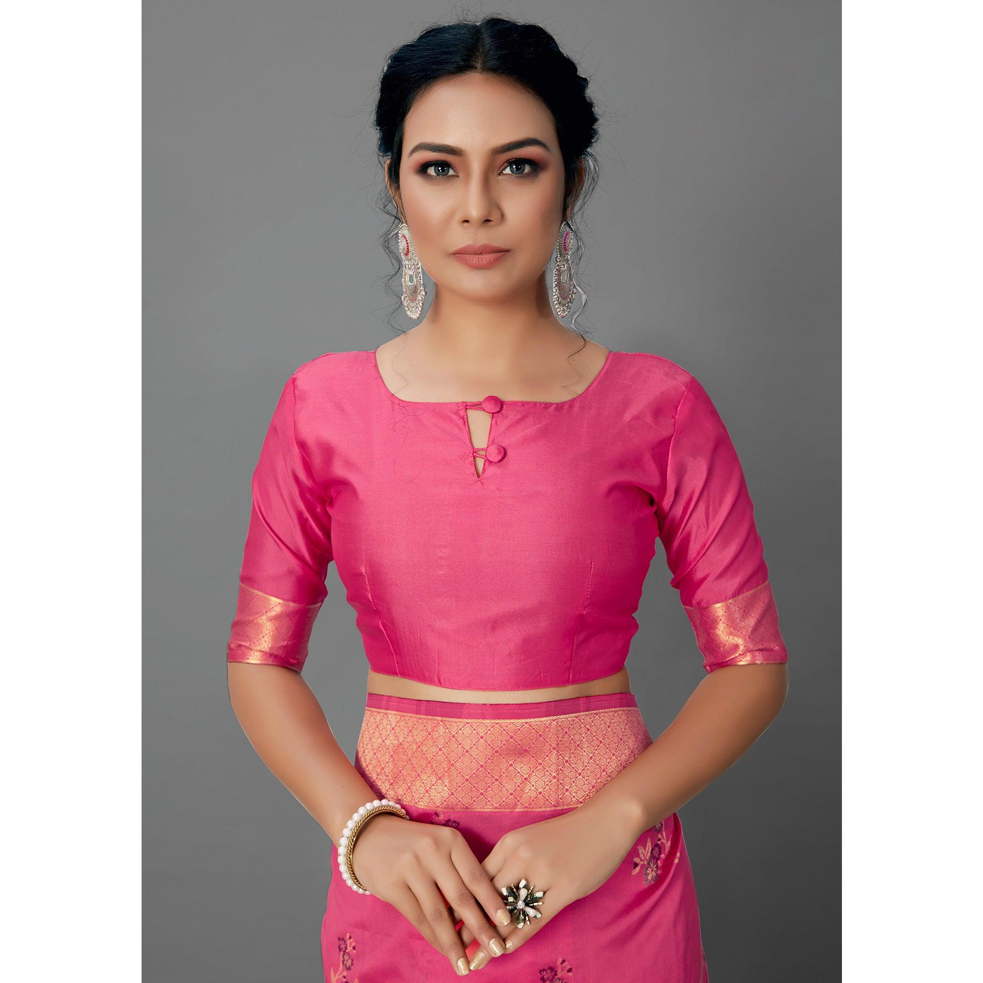 Pink Festive Wear Woven Silk Blend  Saree - Peachmode
