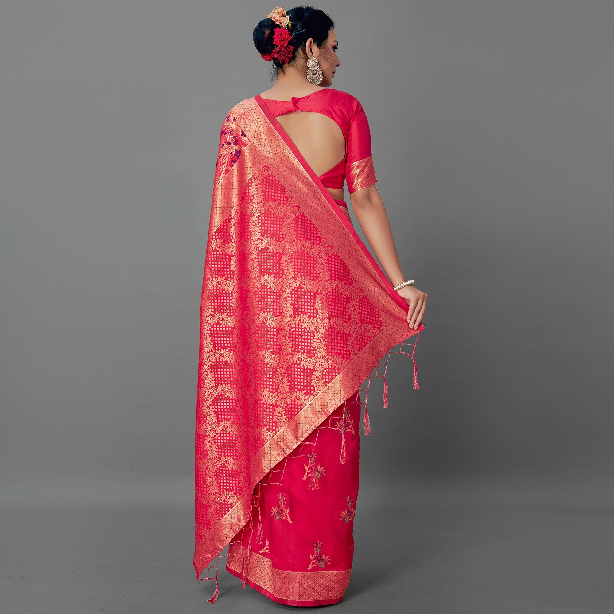 Pink Festive Wear Woven Silk Blend  Saree - Peachmode